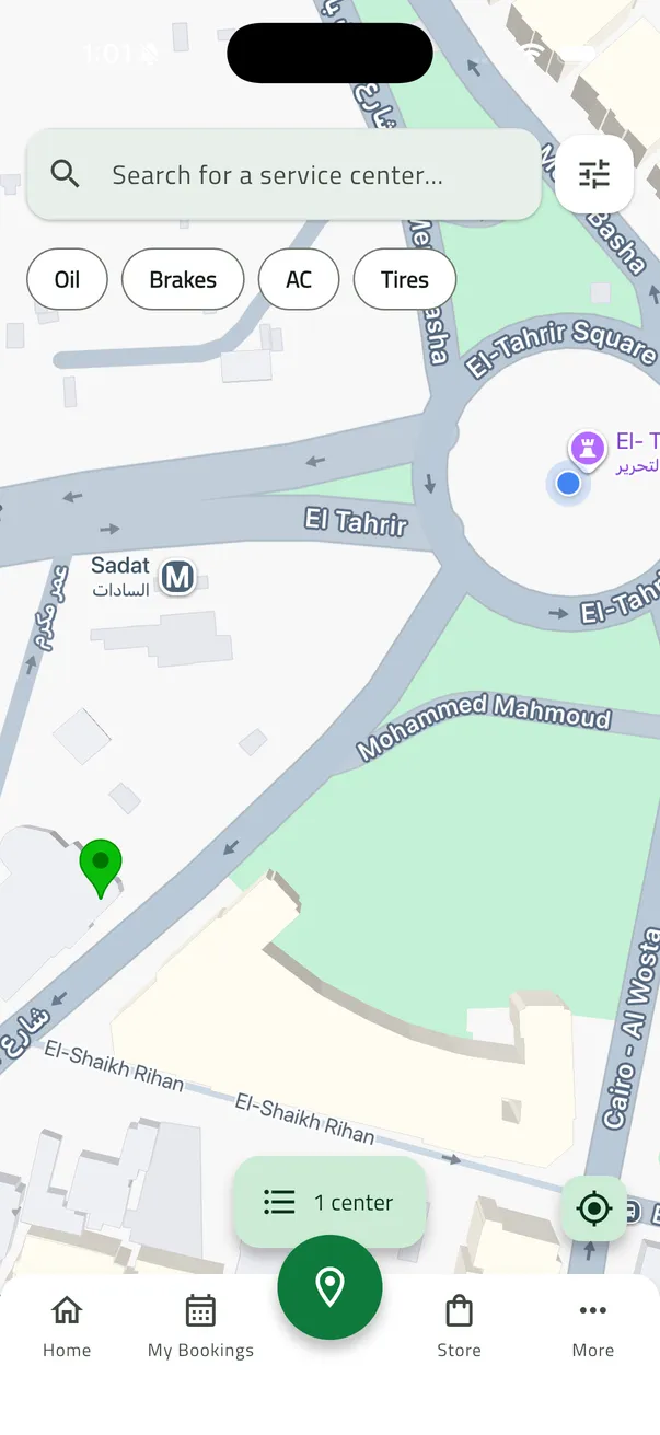 Osta customer app: map search for nearby service centers with Oil, Brakes, AC and Tires filters