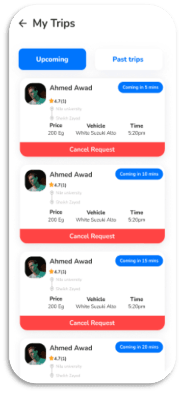 GoPooling — مشاركة رحلات للجامعة: إدارة الرحلات (my trips screen 1)