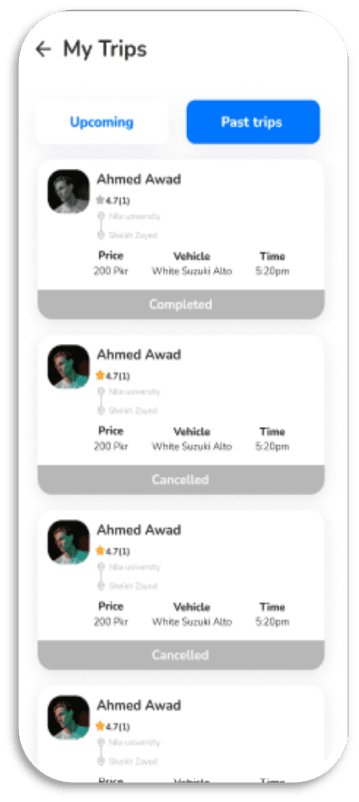GoPooling — مشاركة رحلات للجامعة: إدارة الرحلات (my trips screen 2)