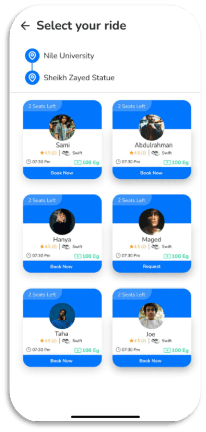 GoPooling — مشاركة رحلات للجامعة: حجز الرحلة (select your ride screen)