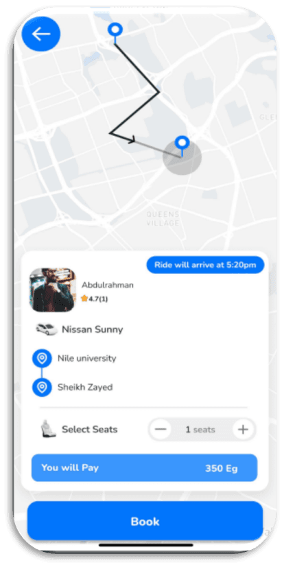GoPooling — مشاركة رحلات للجامعة: حجز الرحلة (selected ride detail screen)