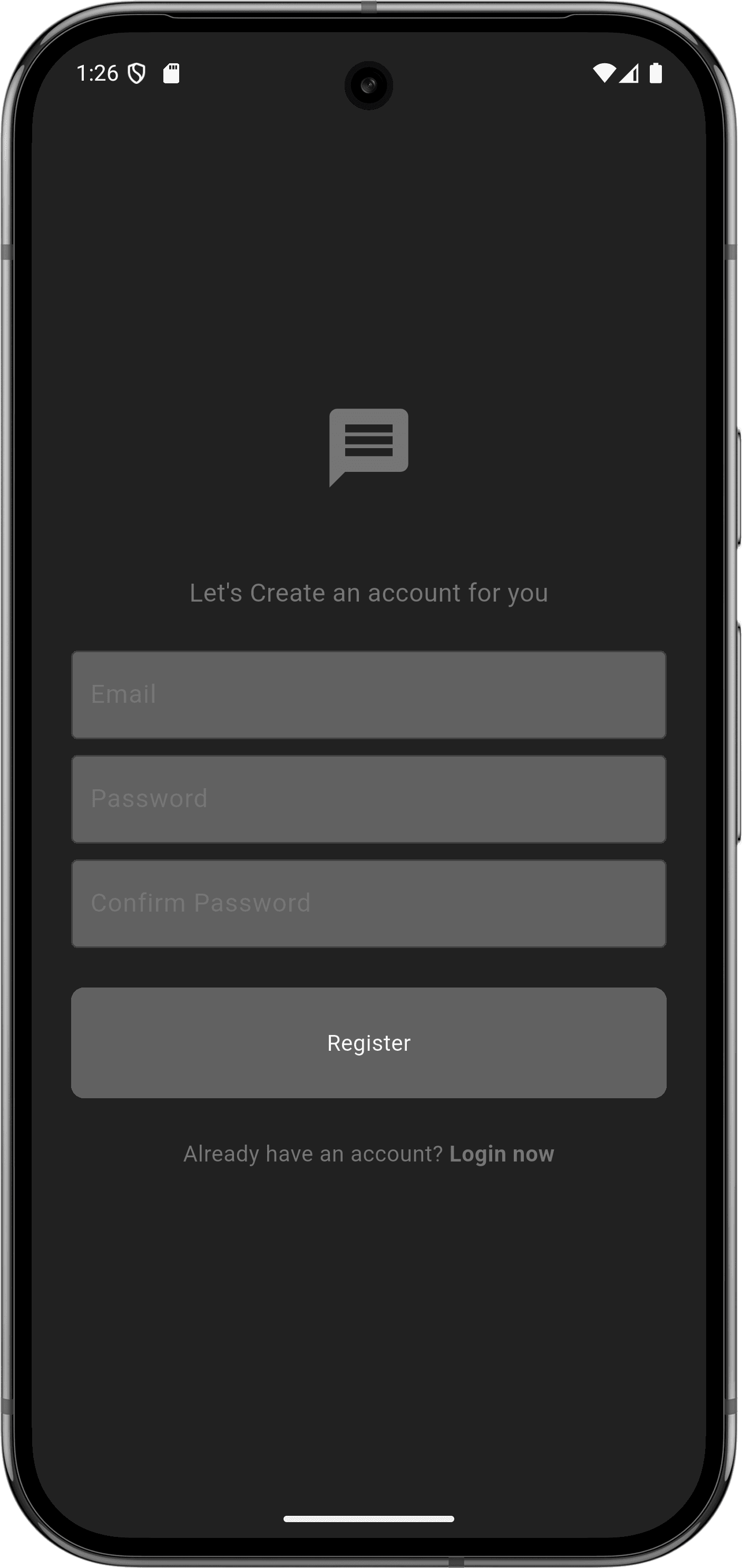 تطبيق دردشة: واجهة التطبيق (register)