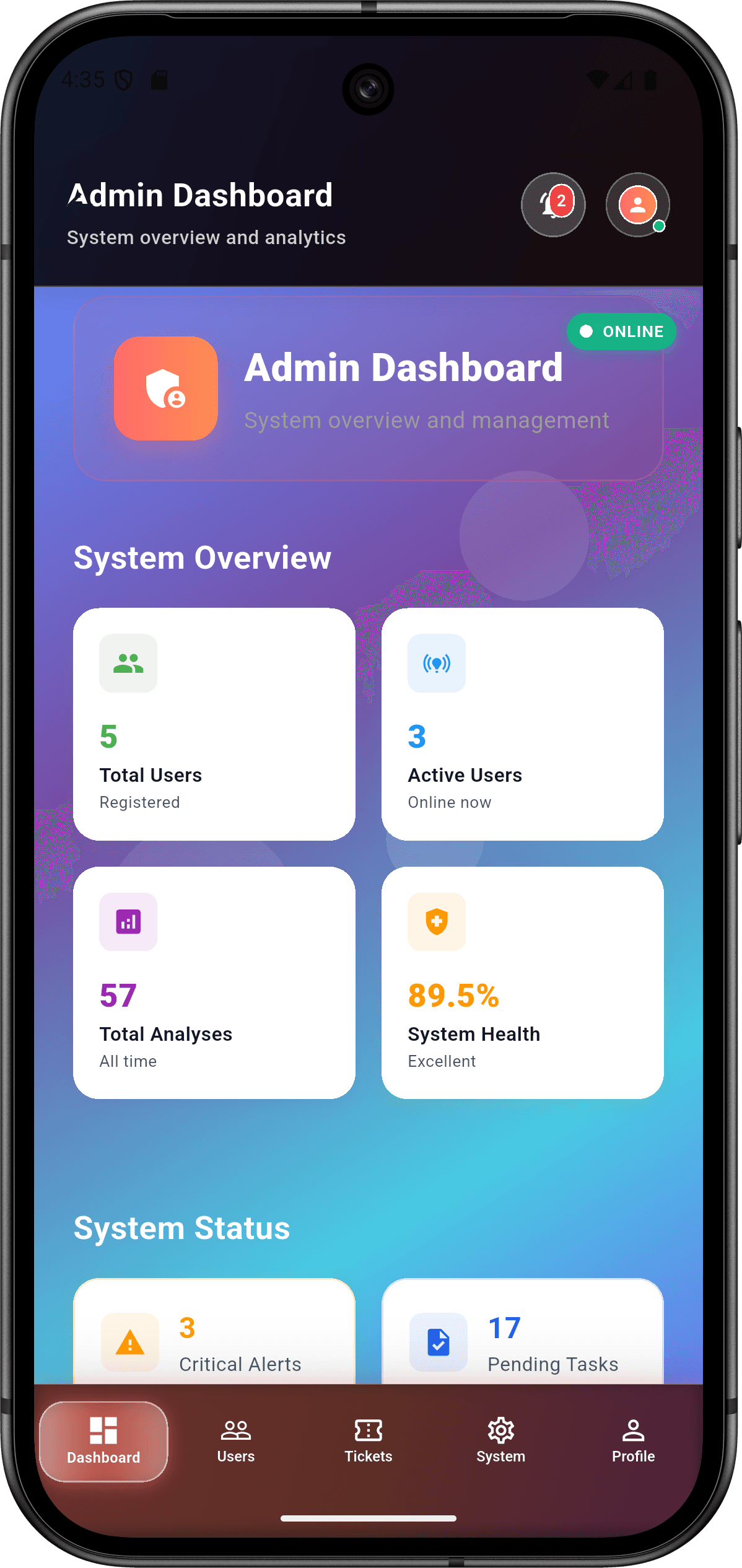 EmoSense — منصة التعرف على المشاعر للمؤسسات: لوحة الإدارة (amin home screen)