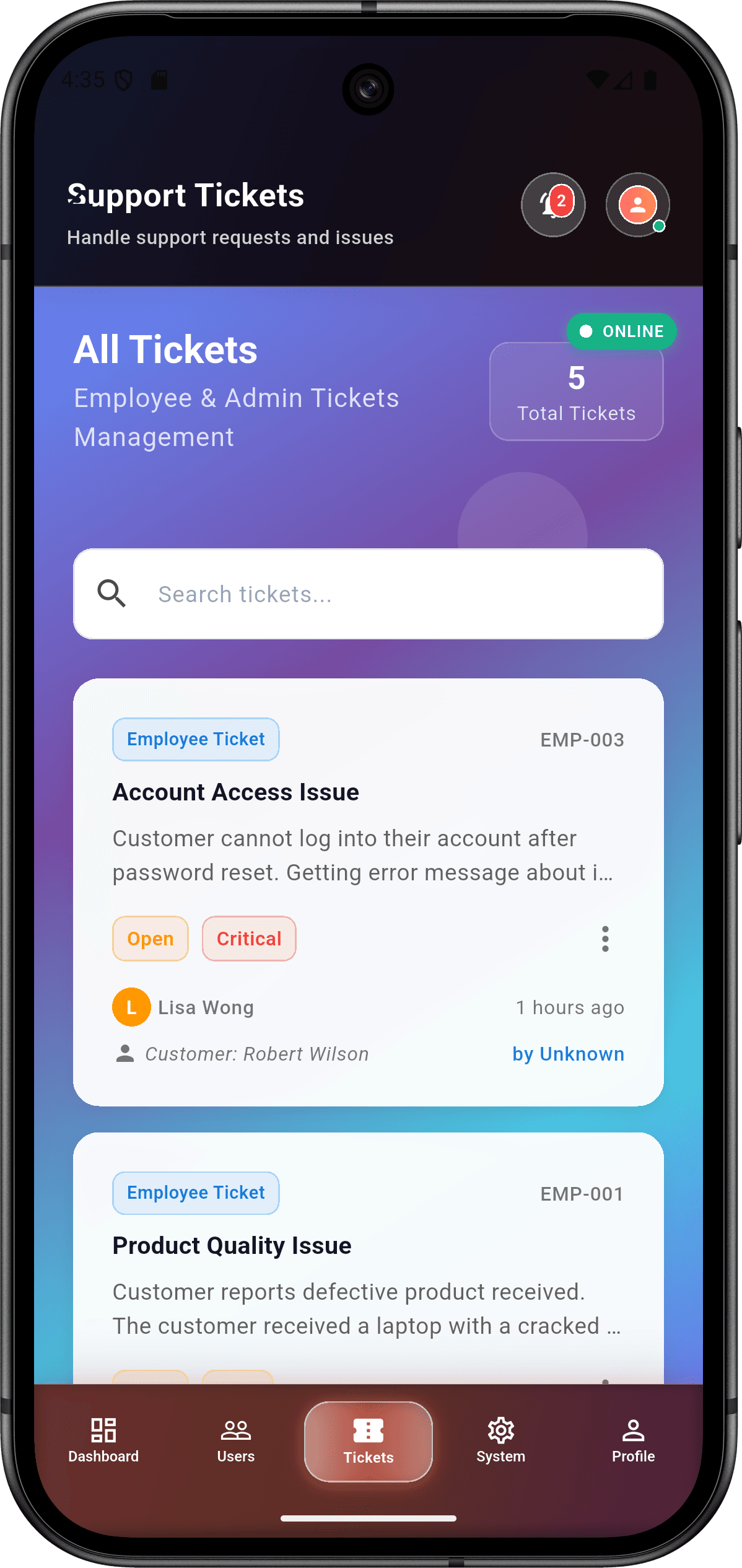 EmoSense — منصة التعرف على المشاعر للمؤسسات: تذاكر الدعم (support tickets screen)