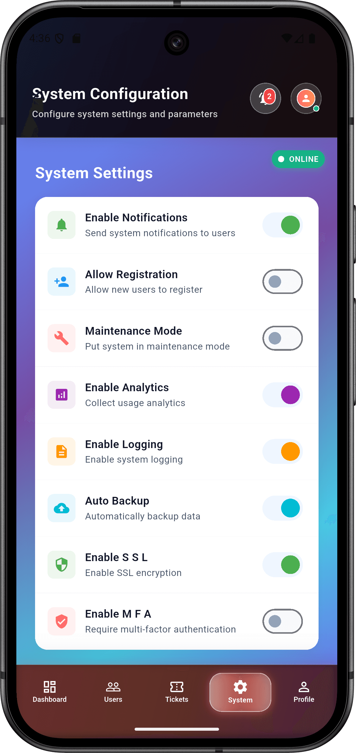 EmoSense — منصة التعرف على المشاعر للمؤسسات: لوحة الإدارة (system screen. 2)