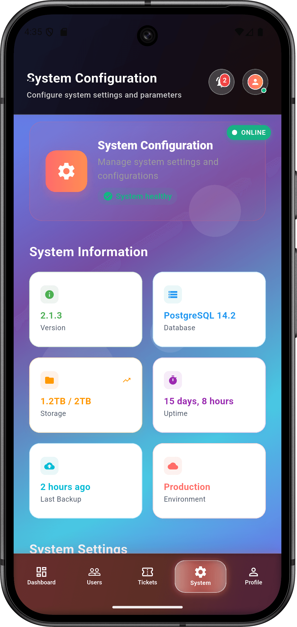EmoSense — منصة التعرف على المشاعر للمؤسسات: لوحة الإدارة (system screen)