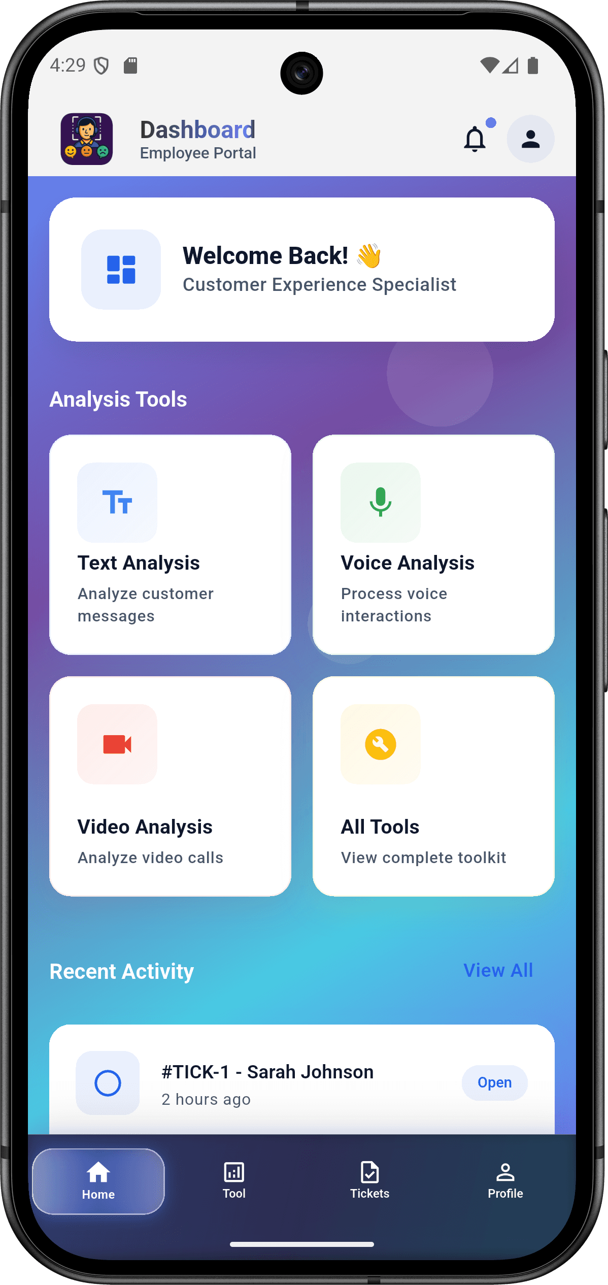 EmoSense — منصة التعرف على المشاعر للمؤسسات: الرئيسية للموظف والأدوات (employee home screen)