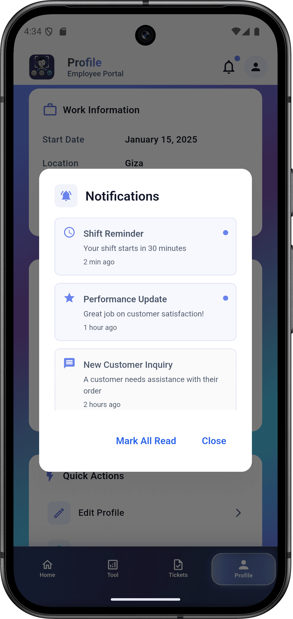EmoSense — منصة التعرف على المشاعر للمؤسسات: ملف الموظف (profile screen 3)