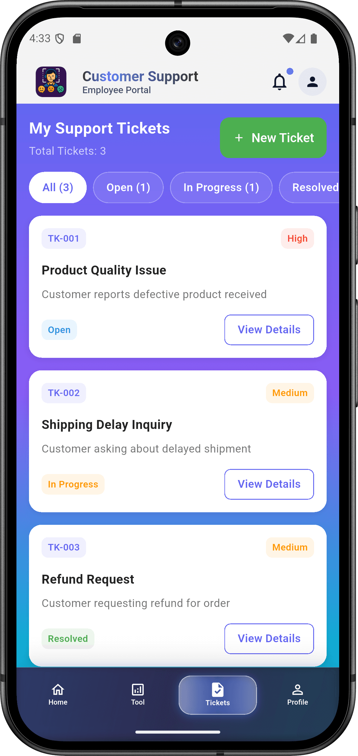 EmoSense — منصة التعرف على المشاعر للمؤسسات: تذاكر الدعم (tickets screen)