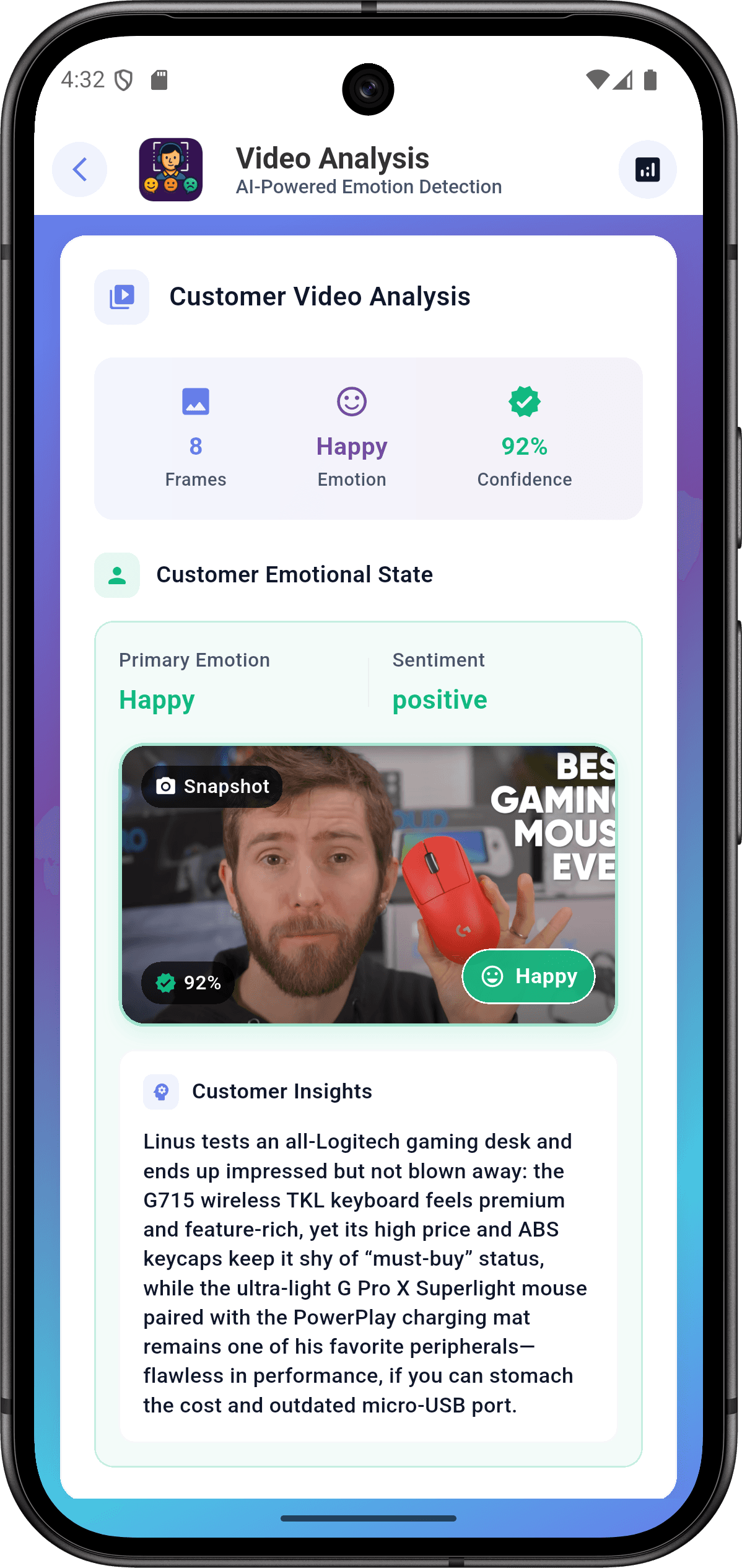 EmoSense — منصة التعرف على المشاعر للمؤسسات: تحليل الفيديو (video analysis screen 3)
