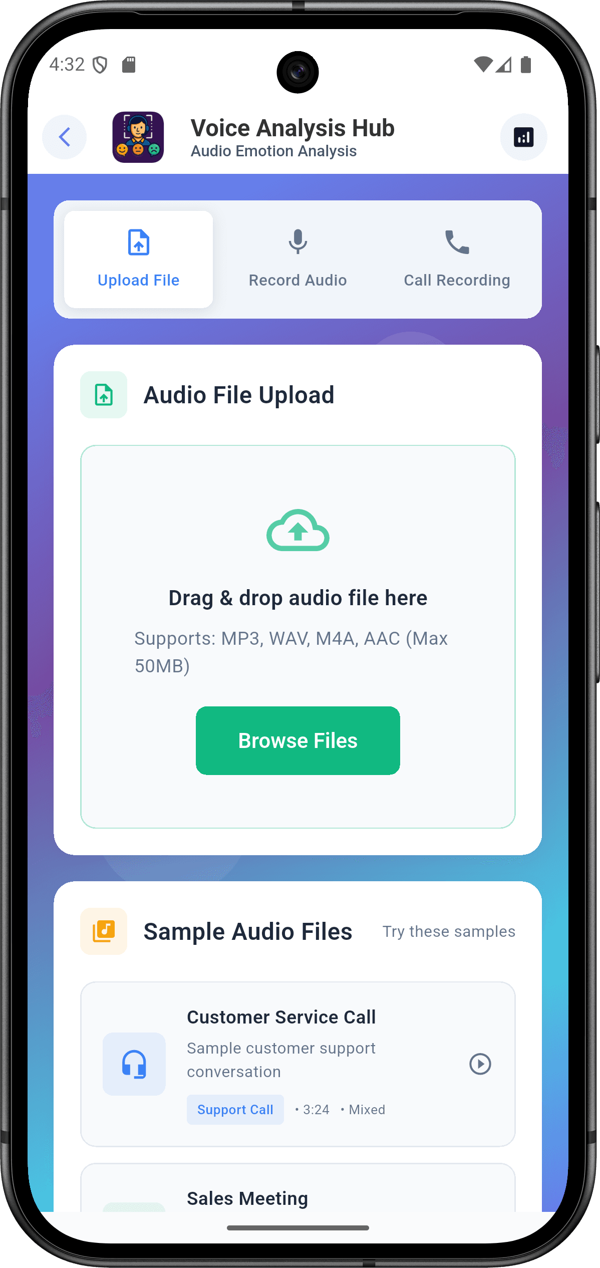 EmoSense — منصة التعرف على المشاعر للمؤسسات: تحليل الصوت (voice analysis screen)