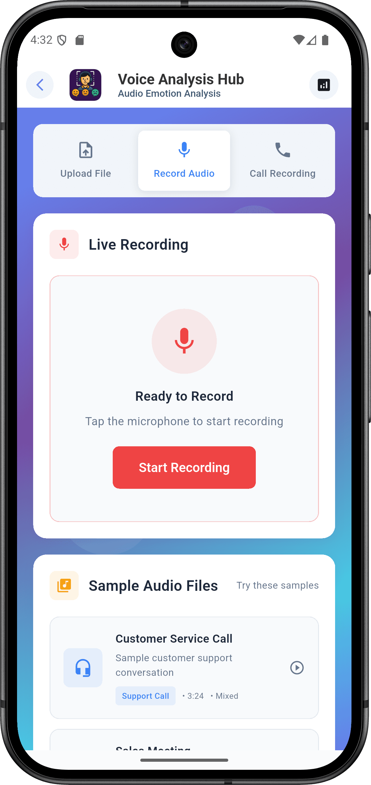 EmoSense — منصة التعرف على المشاعر للمؤسسات: تحليل الصوت (voice analysis screen 3)