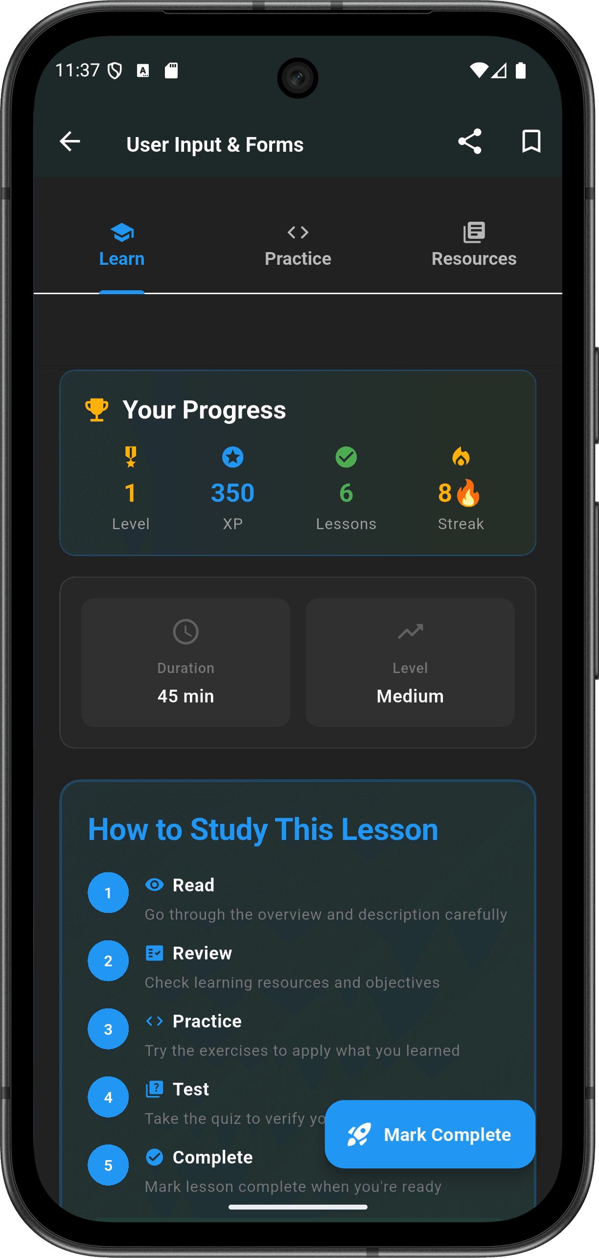 FlutterMate - Flutter Learning Companion: Lessons & Course Content (lesson detail screen 2)