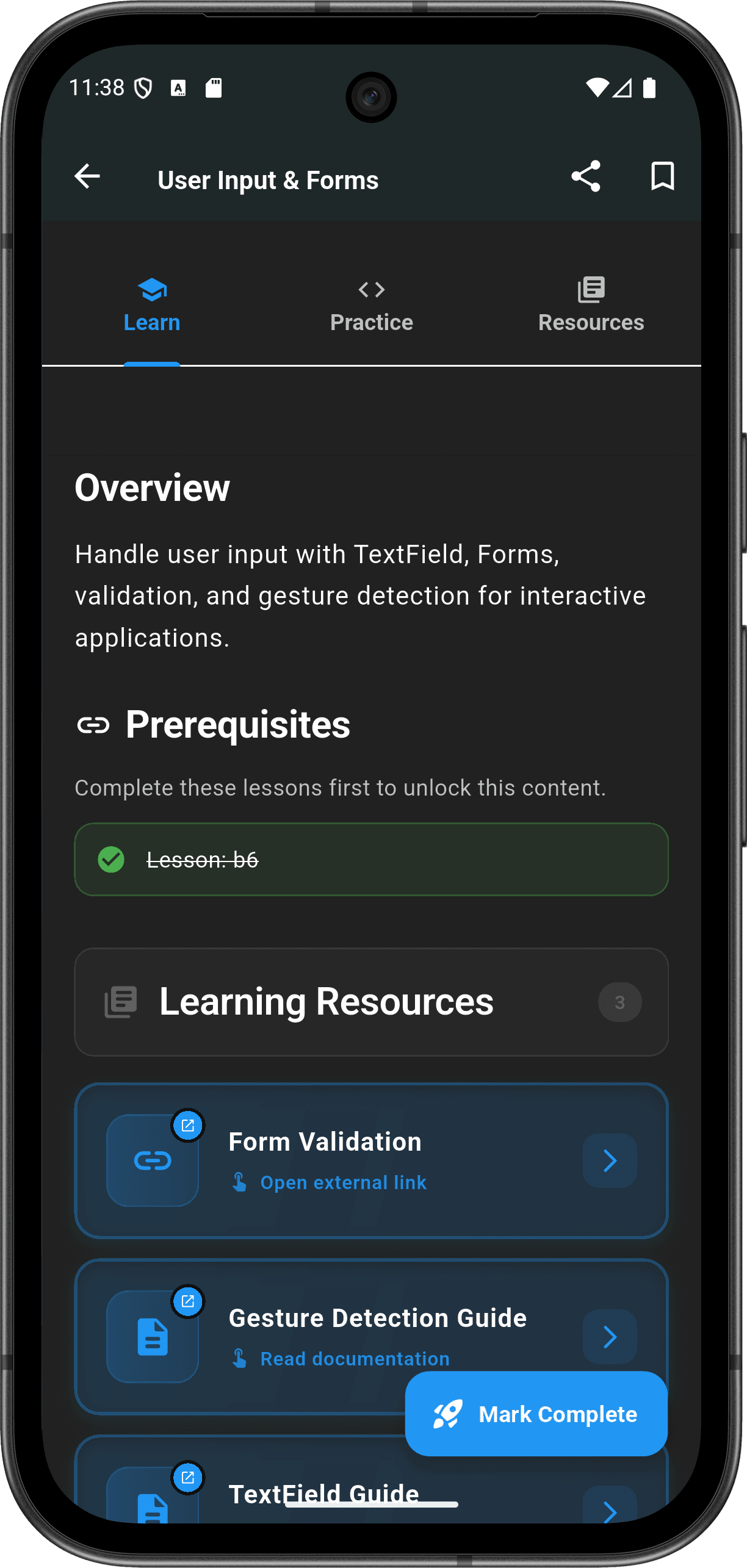 FlutterMate - Flutter Learning Companion: Lessons & Course Content (lesson detail screen 3)