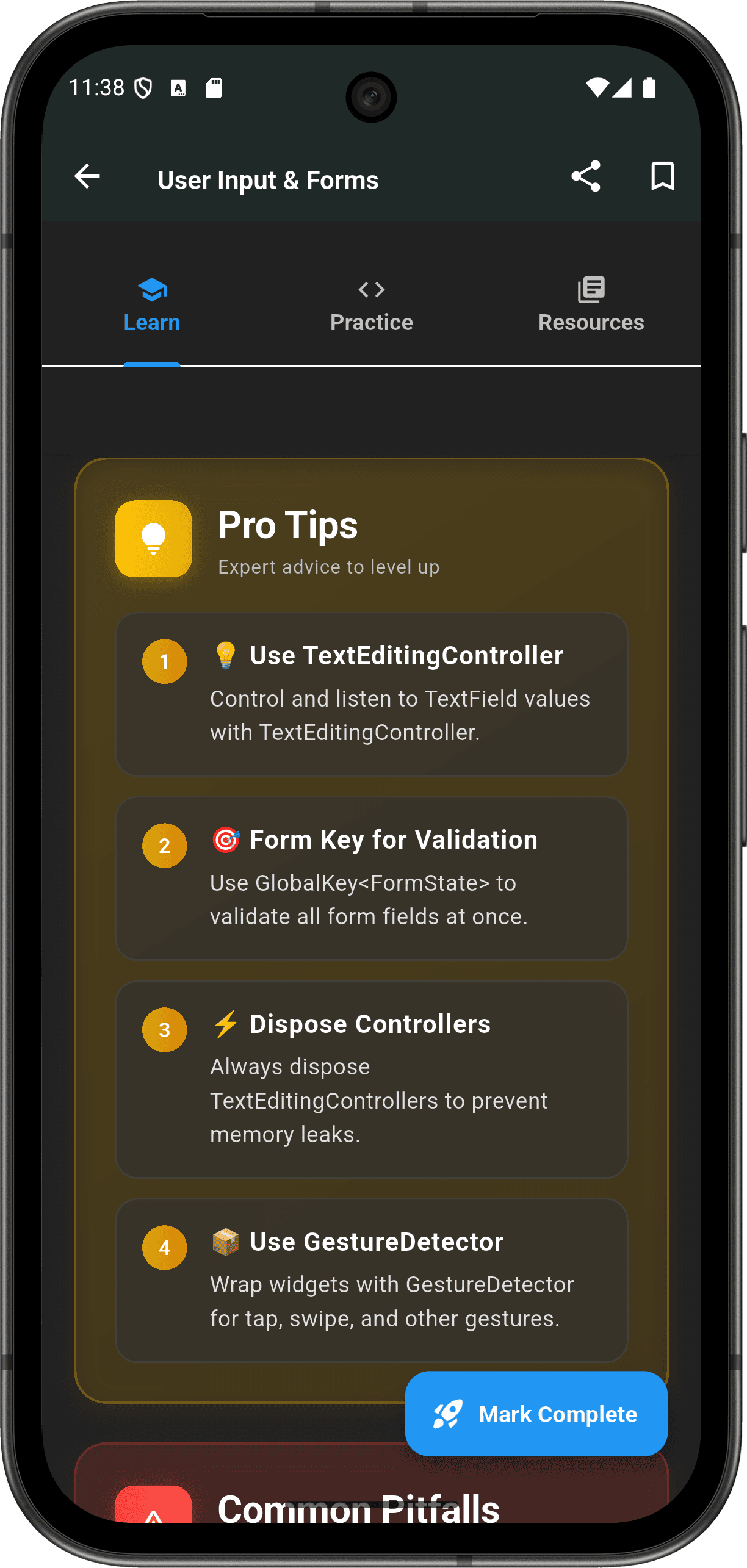 FlutterMate - Flutter Learning Companion: Lessons & Course Content (lesson detail screen 6)