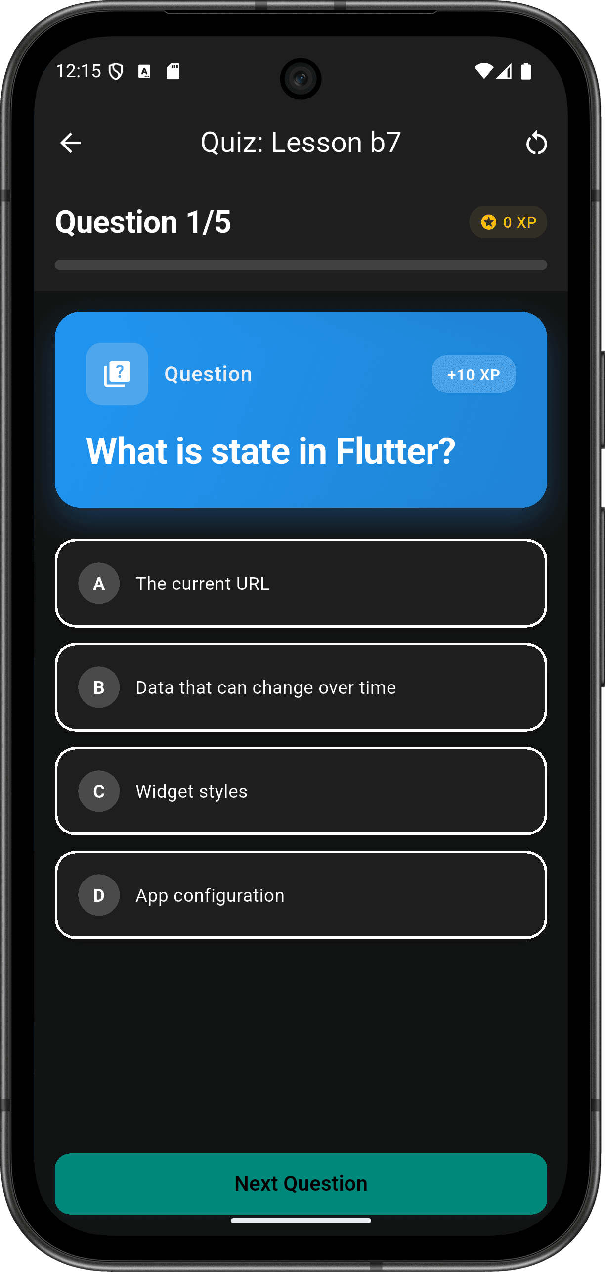 FlutterMate - Flutter Learning Companion: Interactive Quizzes (lesson quiz screen)