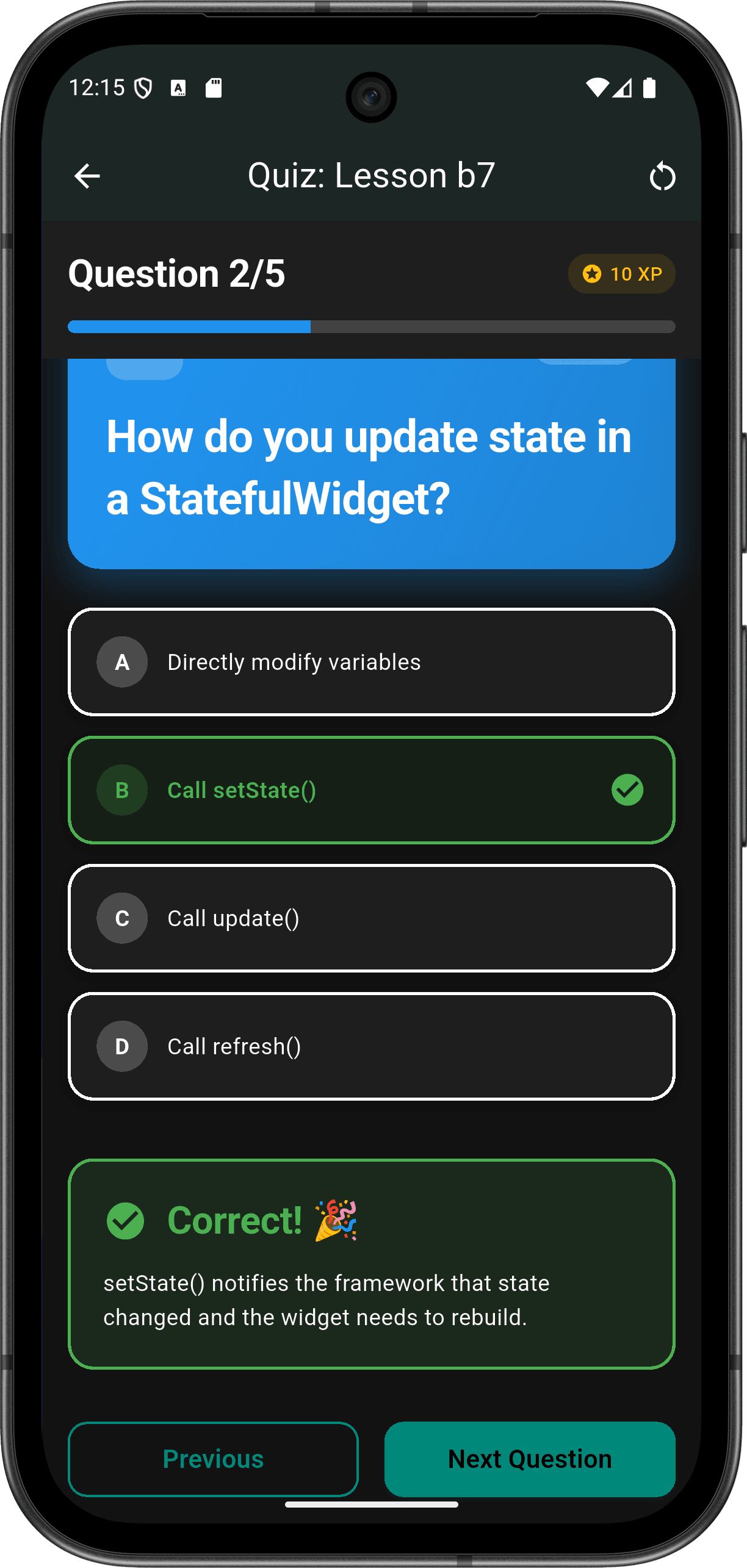 FlutterMate - Flutter Learning Companion: Interactive Quizzes (lesson quiz screen 3)