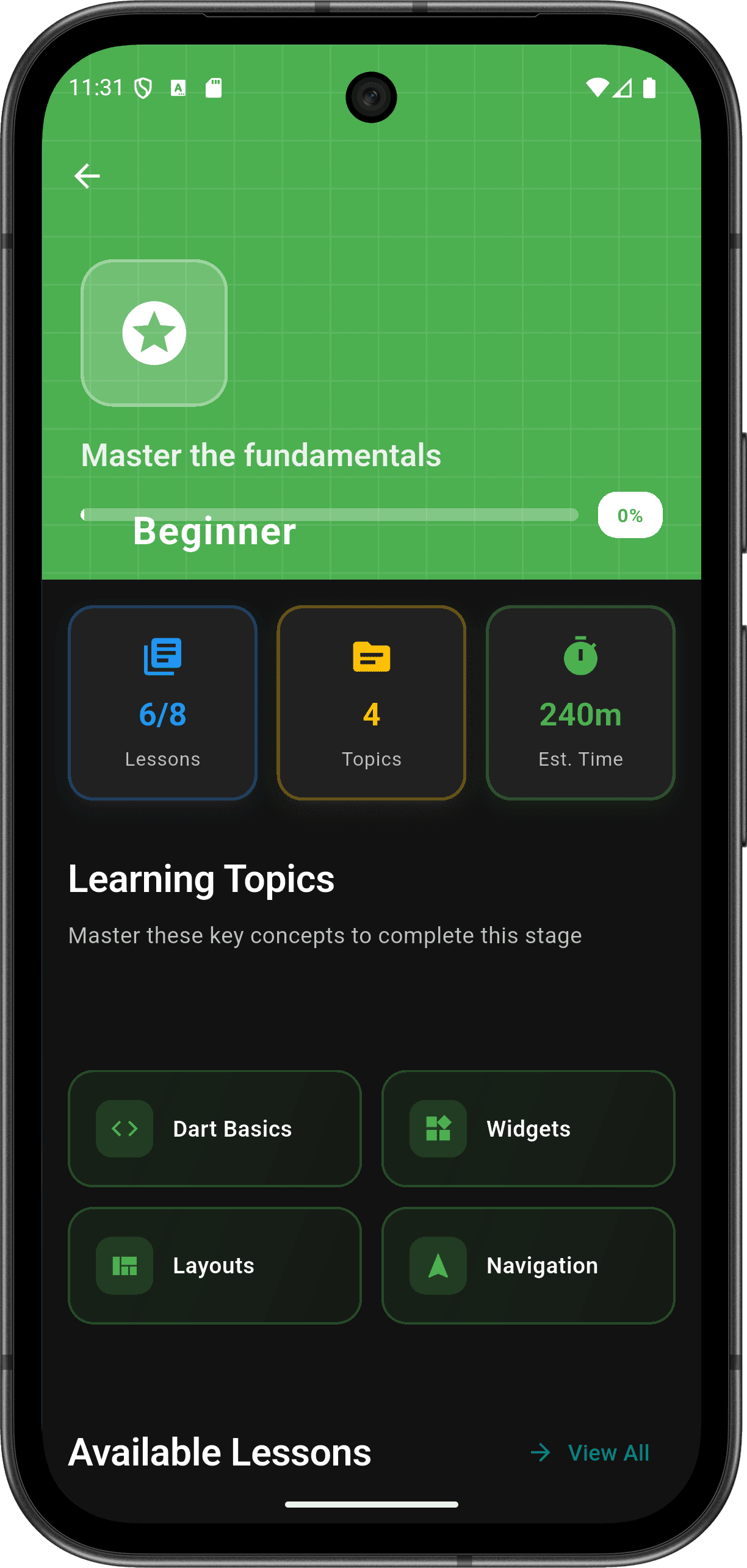 FlutterMate - Flutter Learning Companion: Lessons & Course Content (lesson screen)