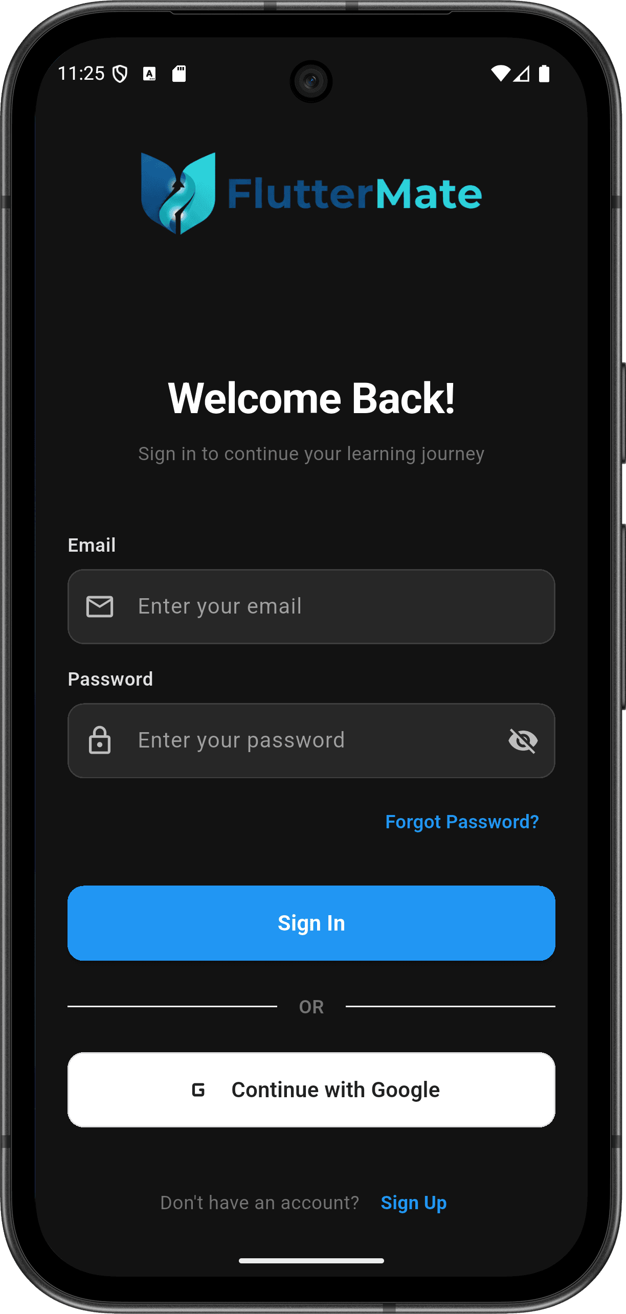 FlutterMate - Flutter Learning Companion: Authentication Flow (login screen)