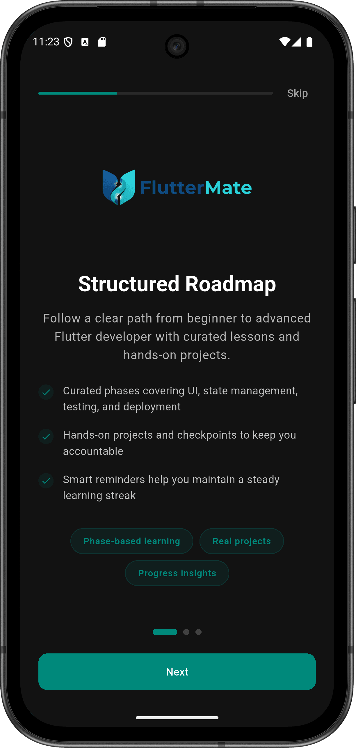 FlutterMate - Flutter Learning Companion: Splash & Onboarding (onboarding screen)