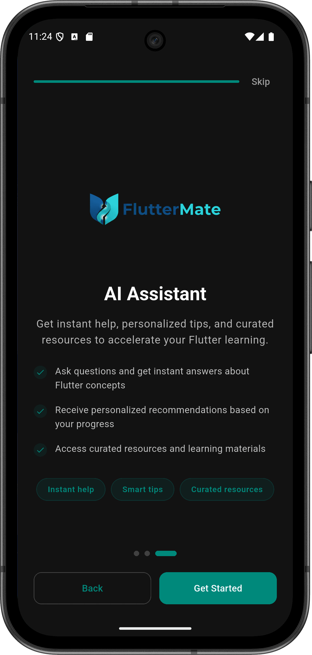 FlutterMate - Flutter Learning Companion: Splash & Onboarding (onboarding screen 3)