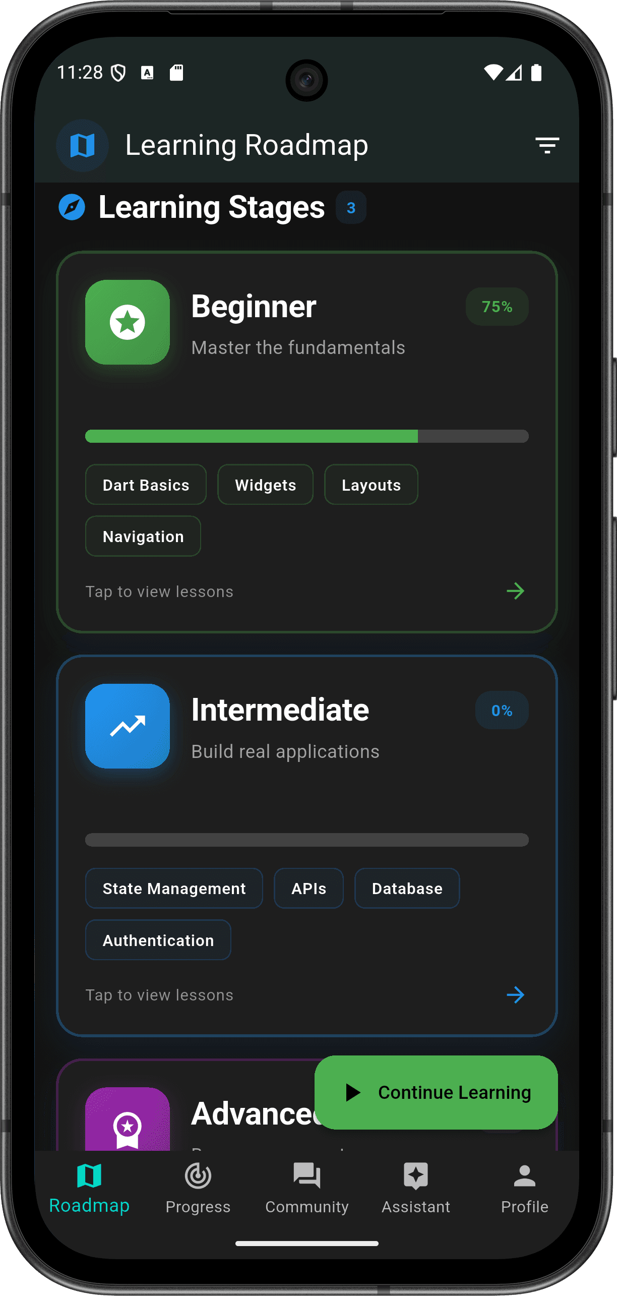 FlutterMate - Flutter Learning Companion: Learning Roadmap (roadmap screen 2)