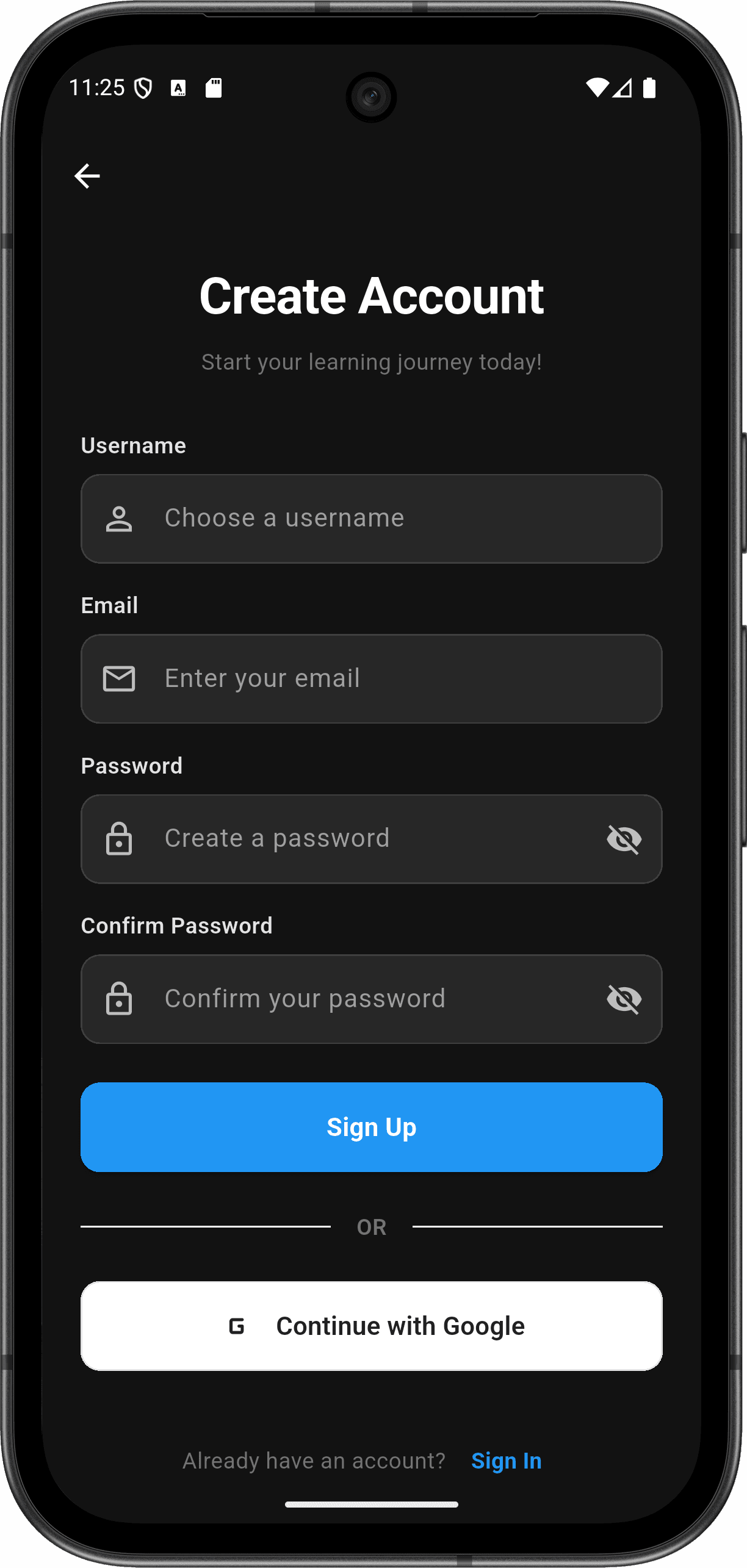 FlutterMate - Flutter Learning Companion: Authentication Flow (signup screen)