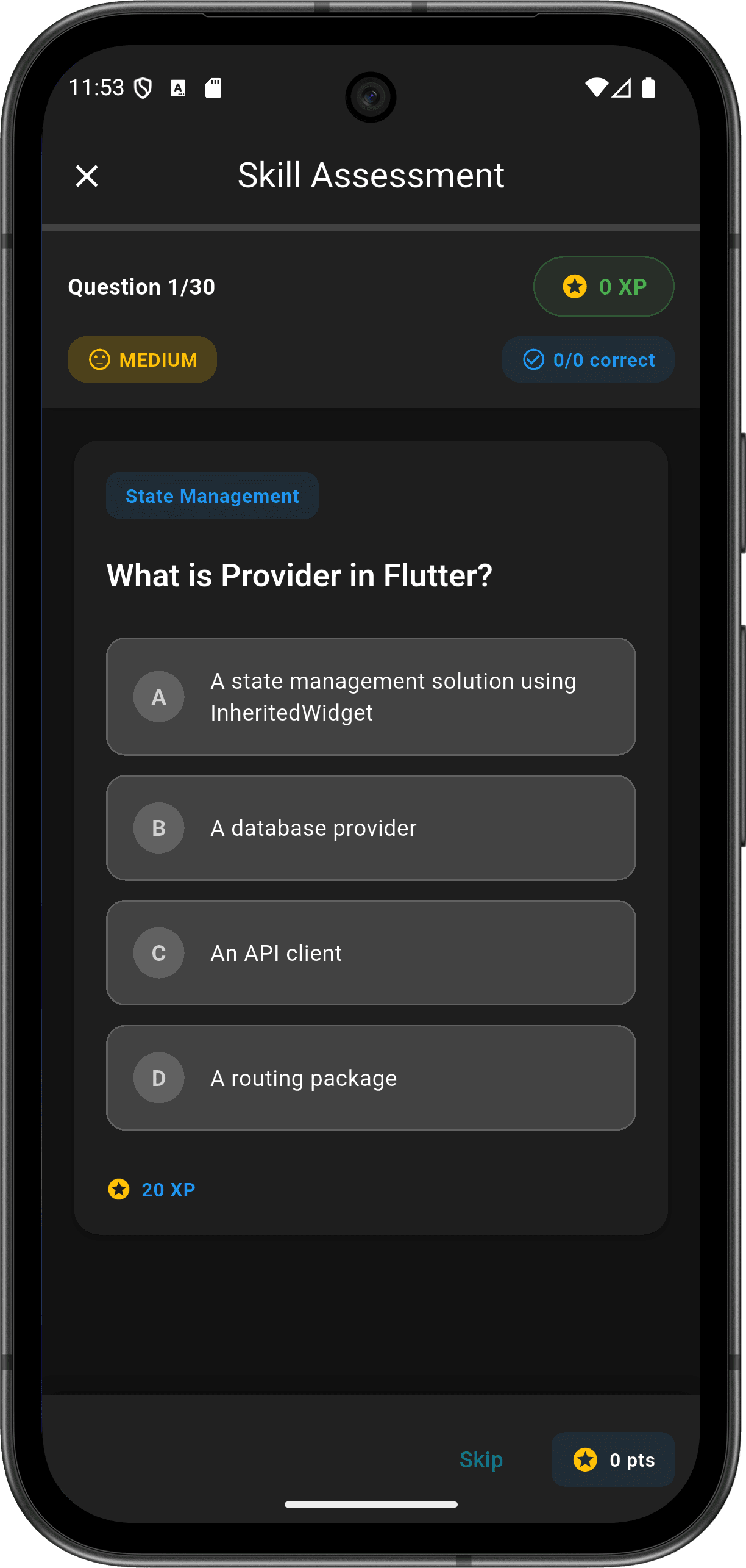 FlutterMate - Flutter Learning Companion: Skill Assessment (skill assessment screen)