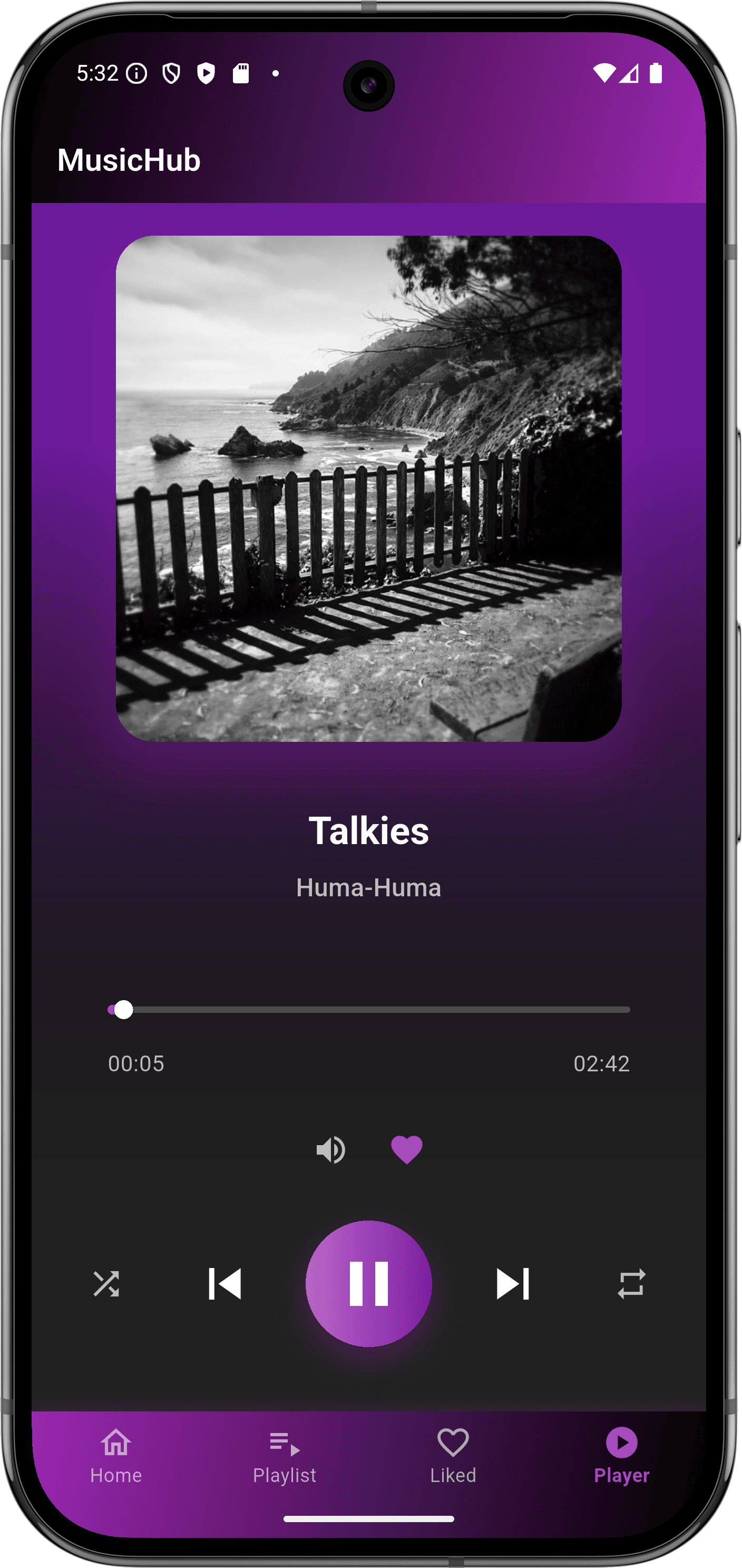 تطبيق مشغل موسيقى: واجهة التطبيق (Music player screen)