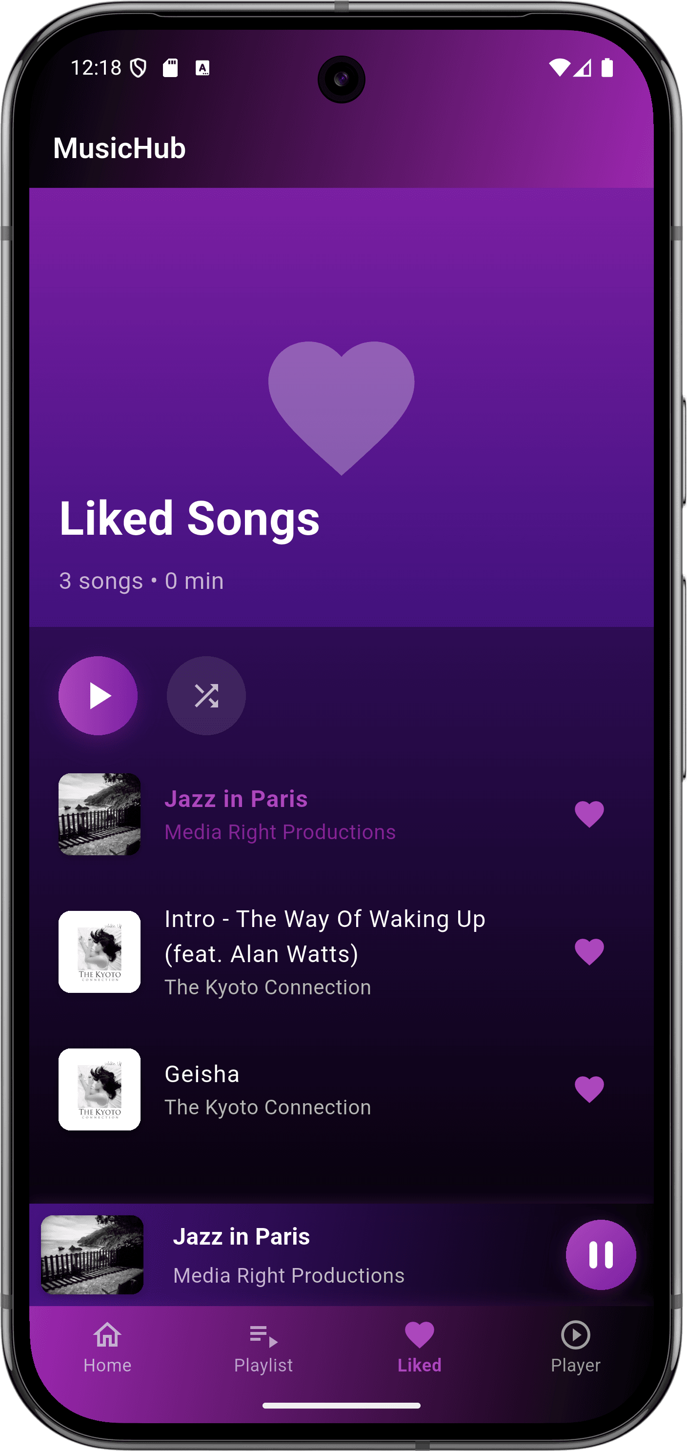 تطبيق مشغل موسيقى: واجهة التطبيق (liked songs page)