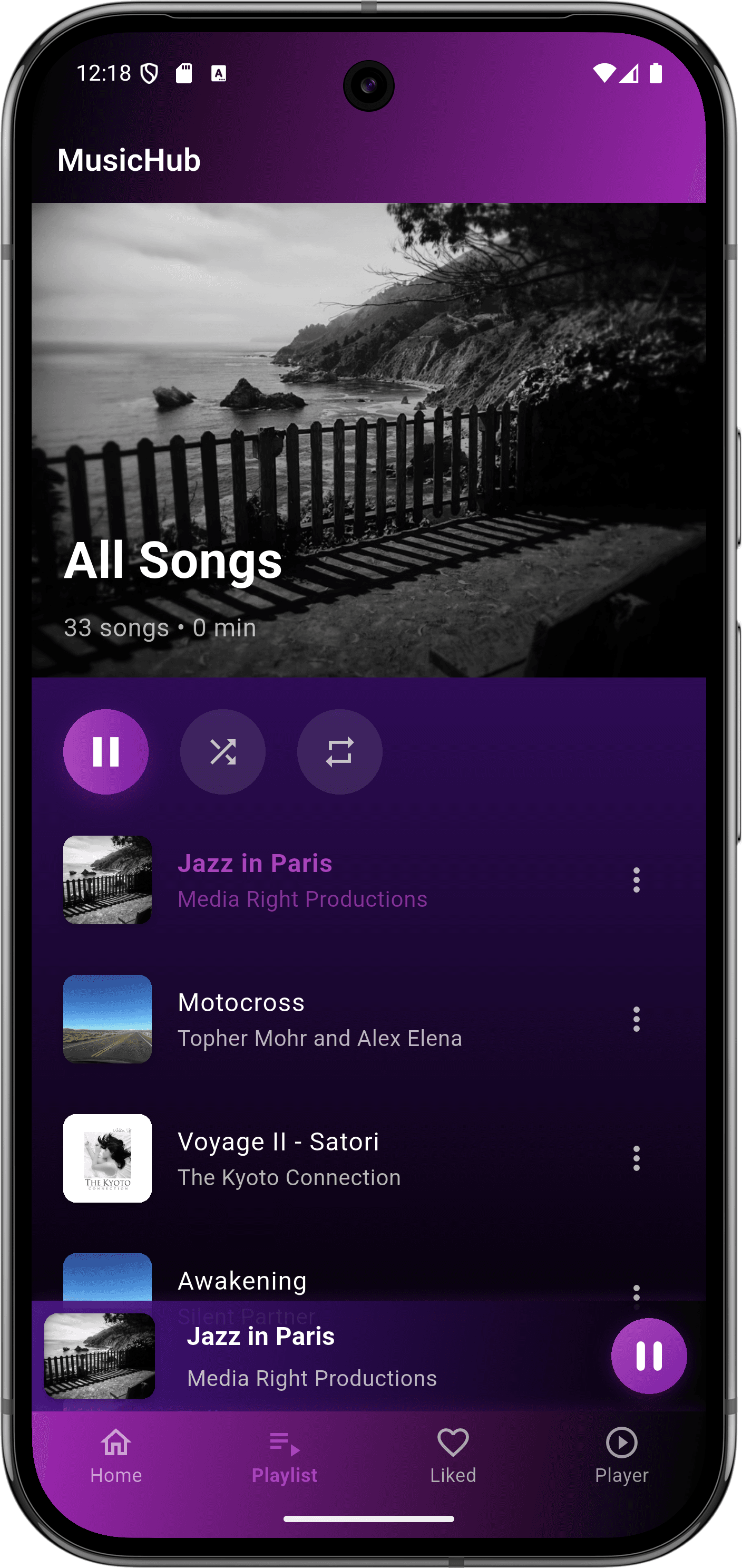 تطبيق مشغل موسيقى: واجهة التطبيق (playlist screen)