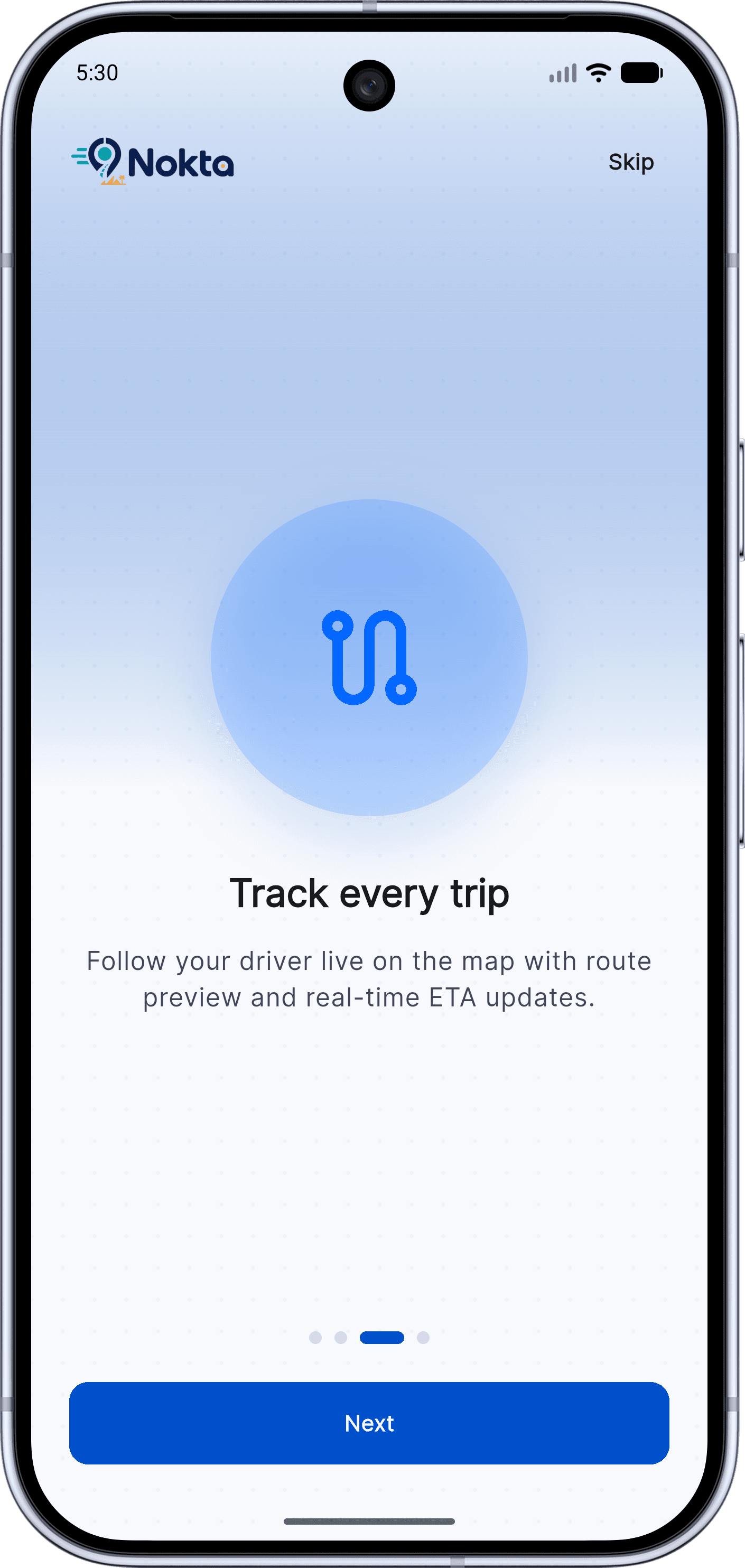 Nokta — Ride-Hailing / Delivery MVP: Splash & Onboarding (4 onboarding)