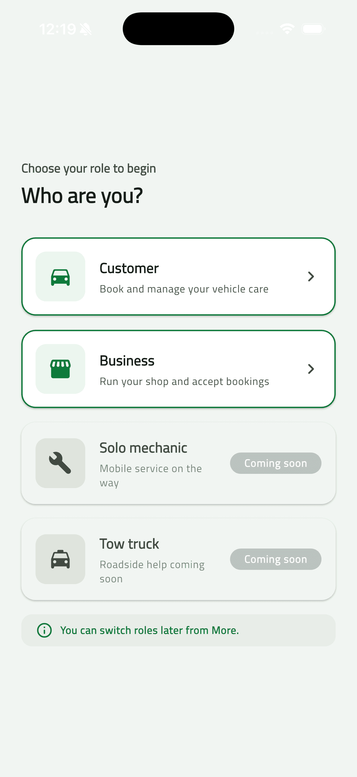 Osta (أُسطى) — Car Services Marketplace: Splash & Onboarding (03 role select)