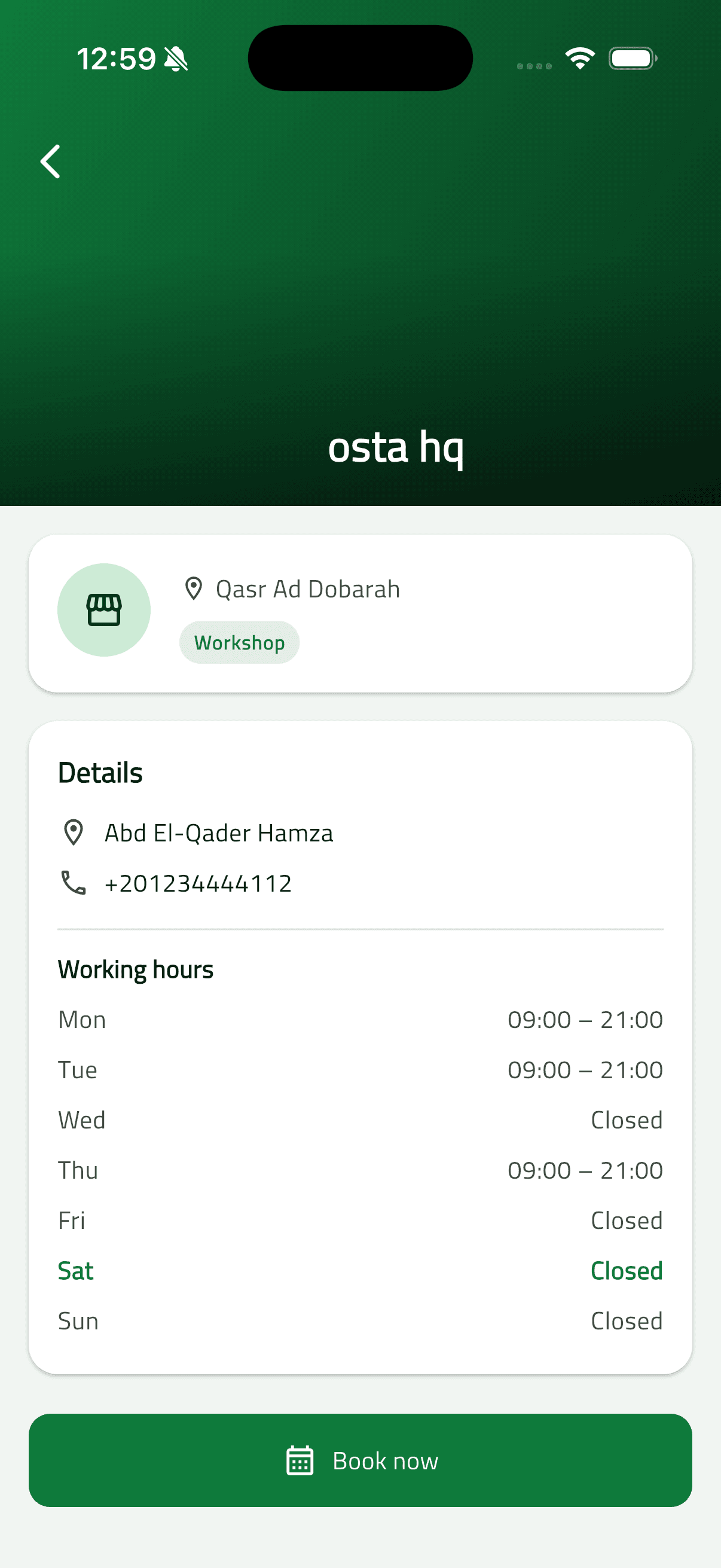 Osta (أُسطى) — Car Services Marketplace: Booking Flow & Live Status (15 workshop detail)