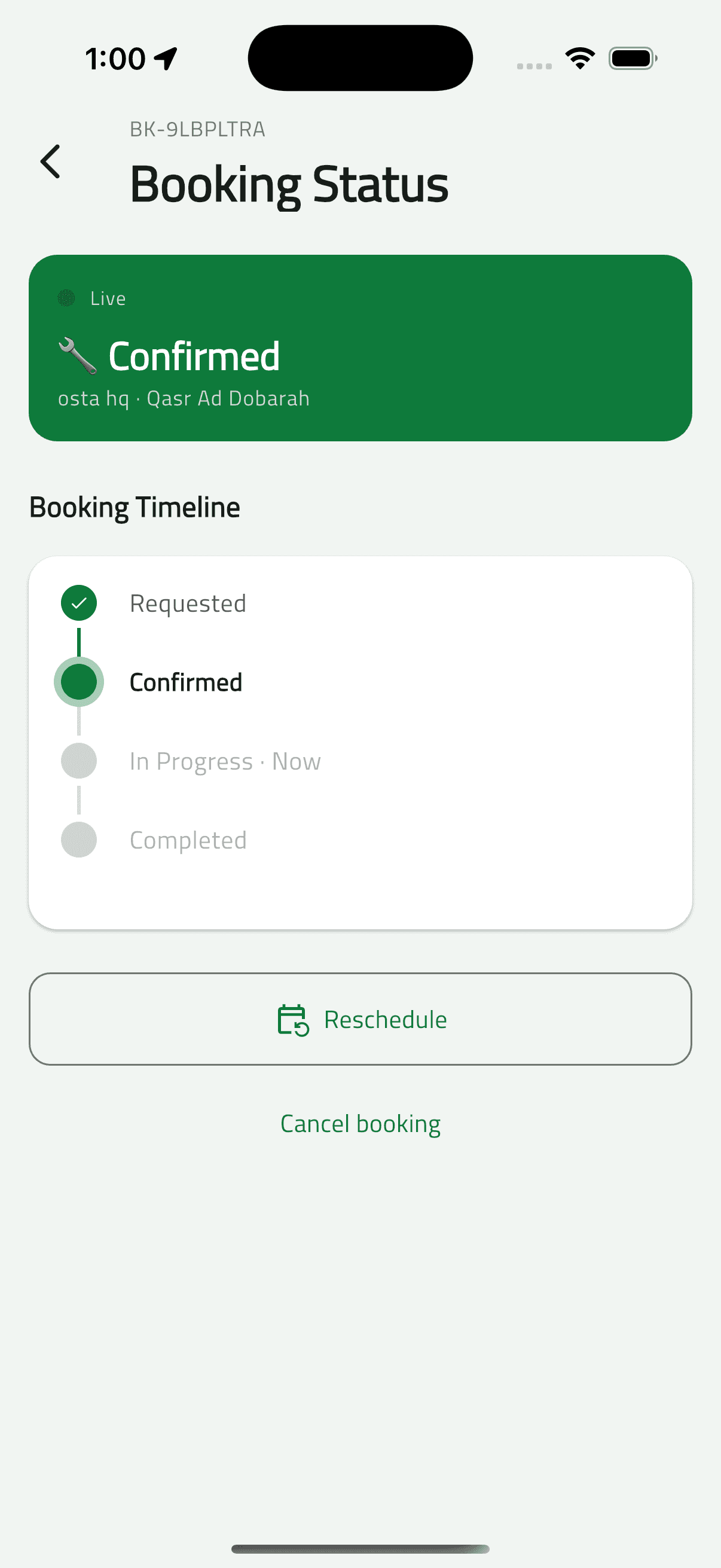 Osta (أُسطى) — Car Services Marketplace: Booking Flow & Live Status (19 booking status confirmed)