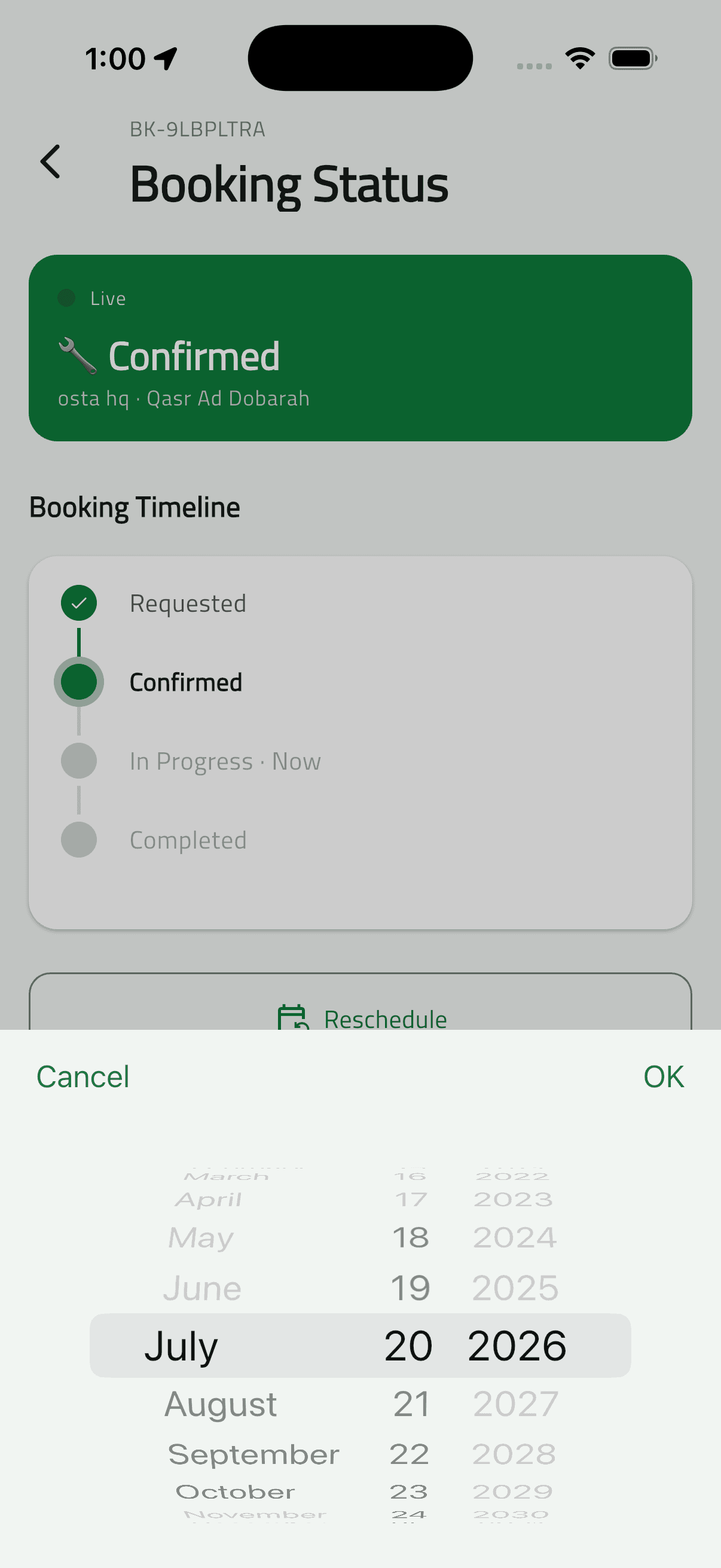 Osta (أُسطى) — Car Services Marketplace: Booking Flow & Live Status (20 booking reschedule datepicker)