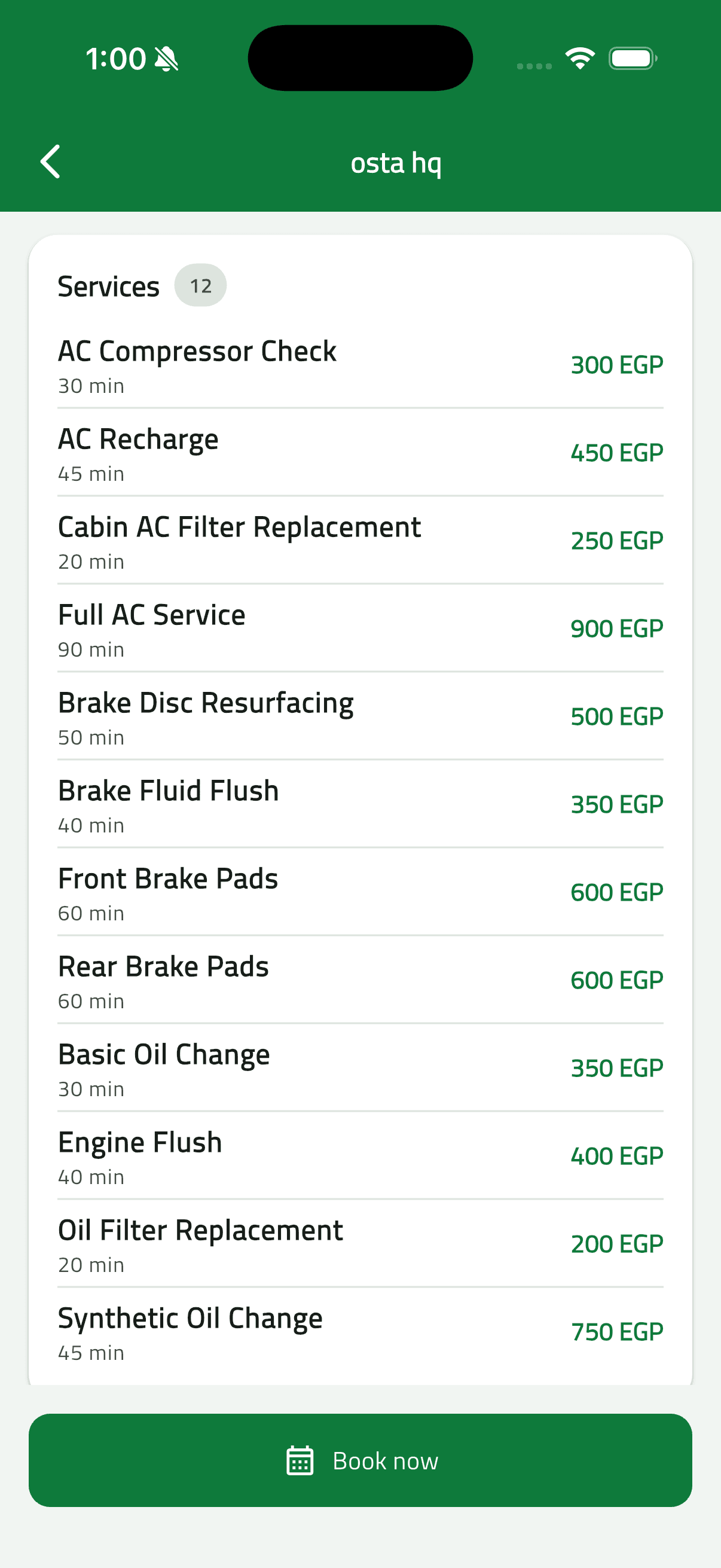 Osta (أُسطى) — Car Services Marketplace: Booking Flow & Live Status (21 workshop services list)