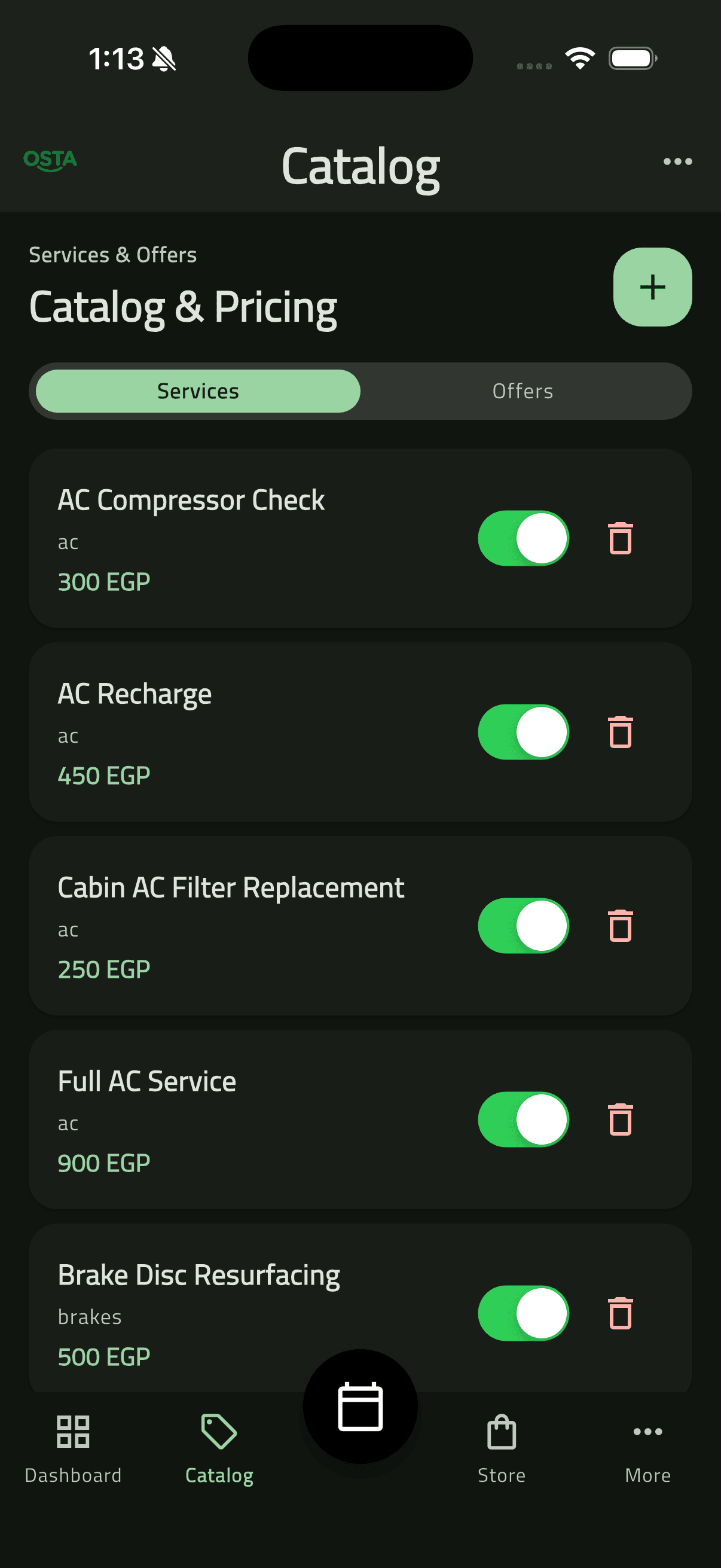 Osta (أُسطى) — Car Services Marketplace: Business Side — Dashboard, Catalog & Team (46 catalog services list)