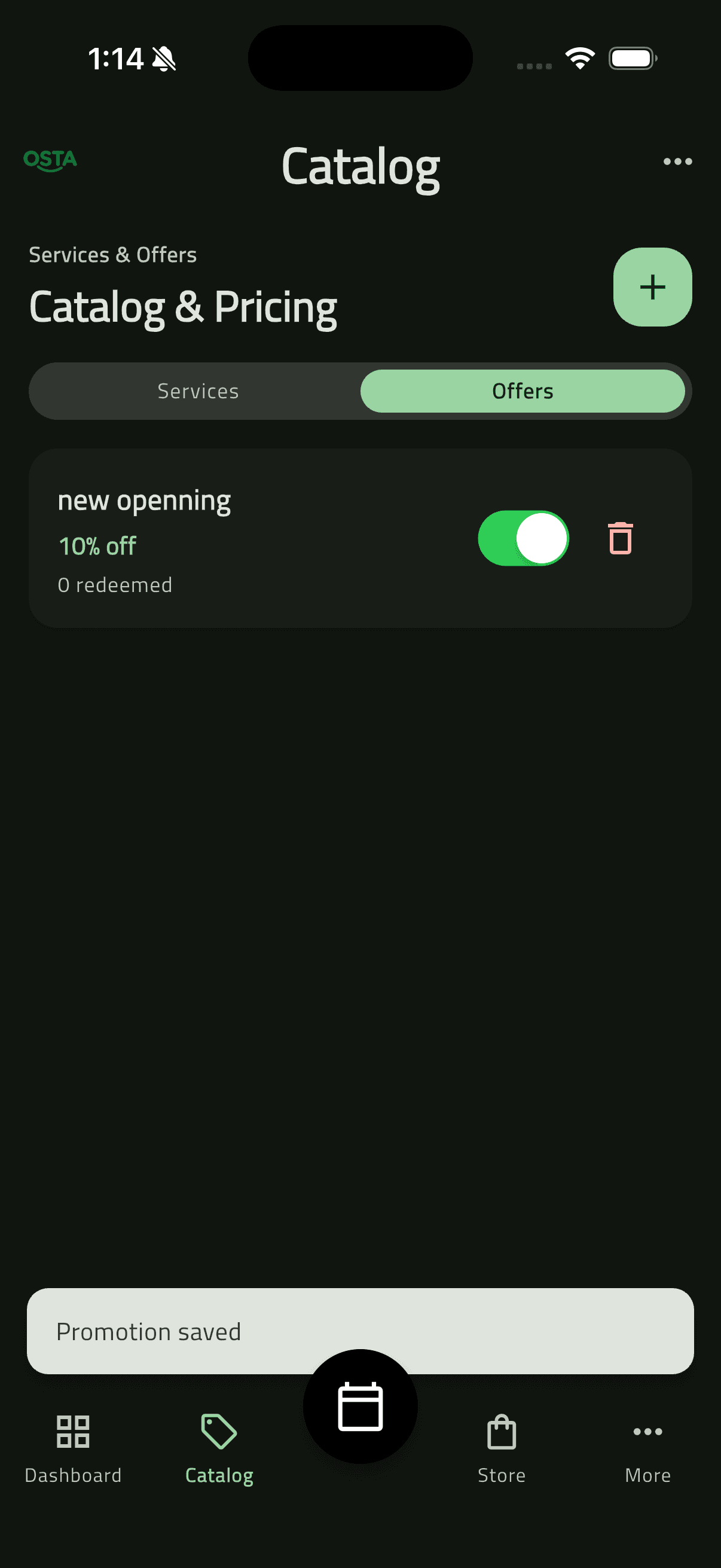 Osta (أُسطى) — Car Services Marketplace: Business Side — Dashboard, Catalog & Team (48 catalog offers list)