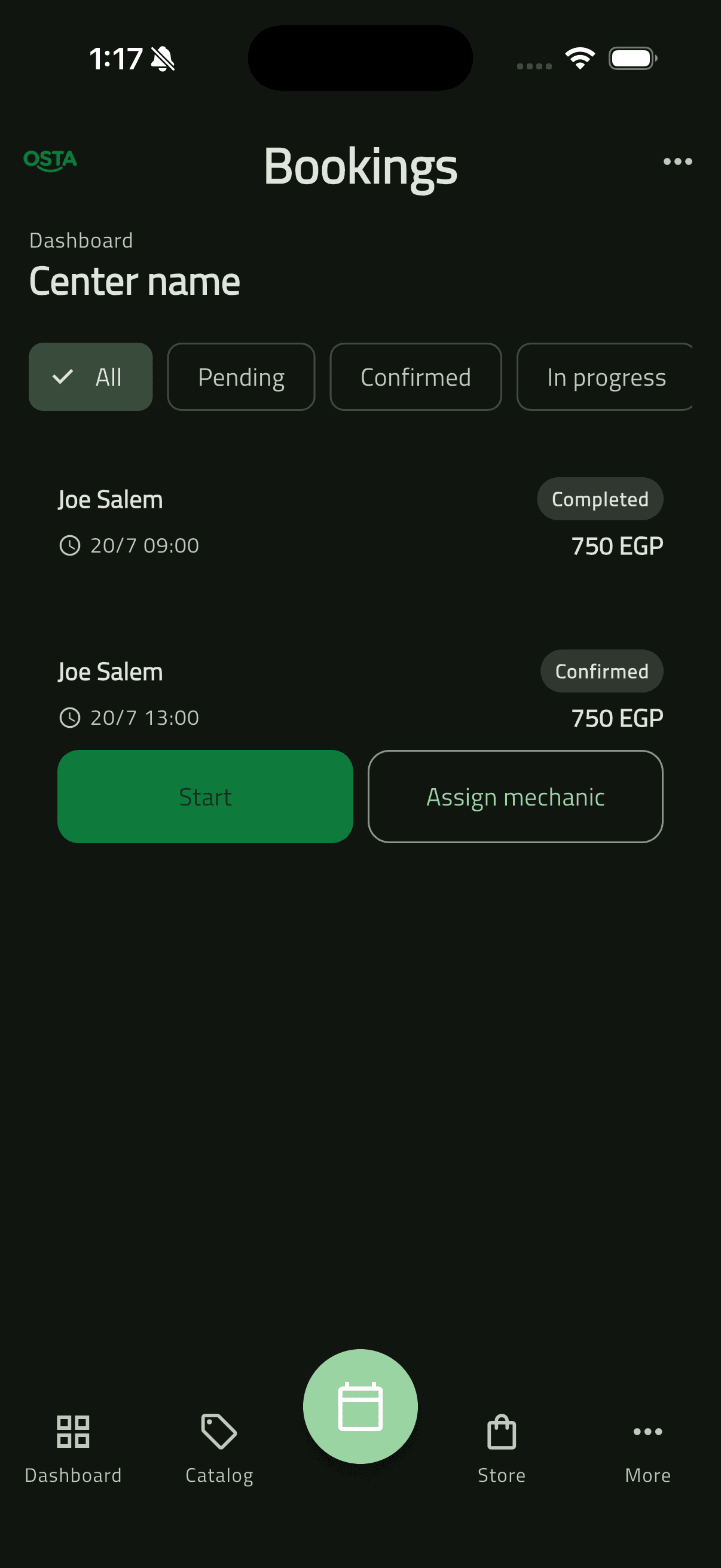 Osta (أُسطى) — Car Services Marketplace: Business Side — Dashboard, Catalog & Team (49 business bookings list)