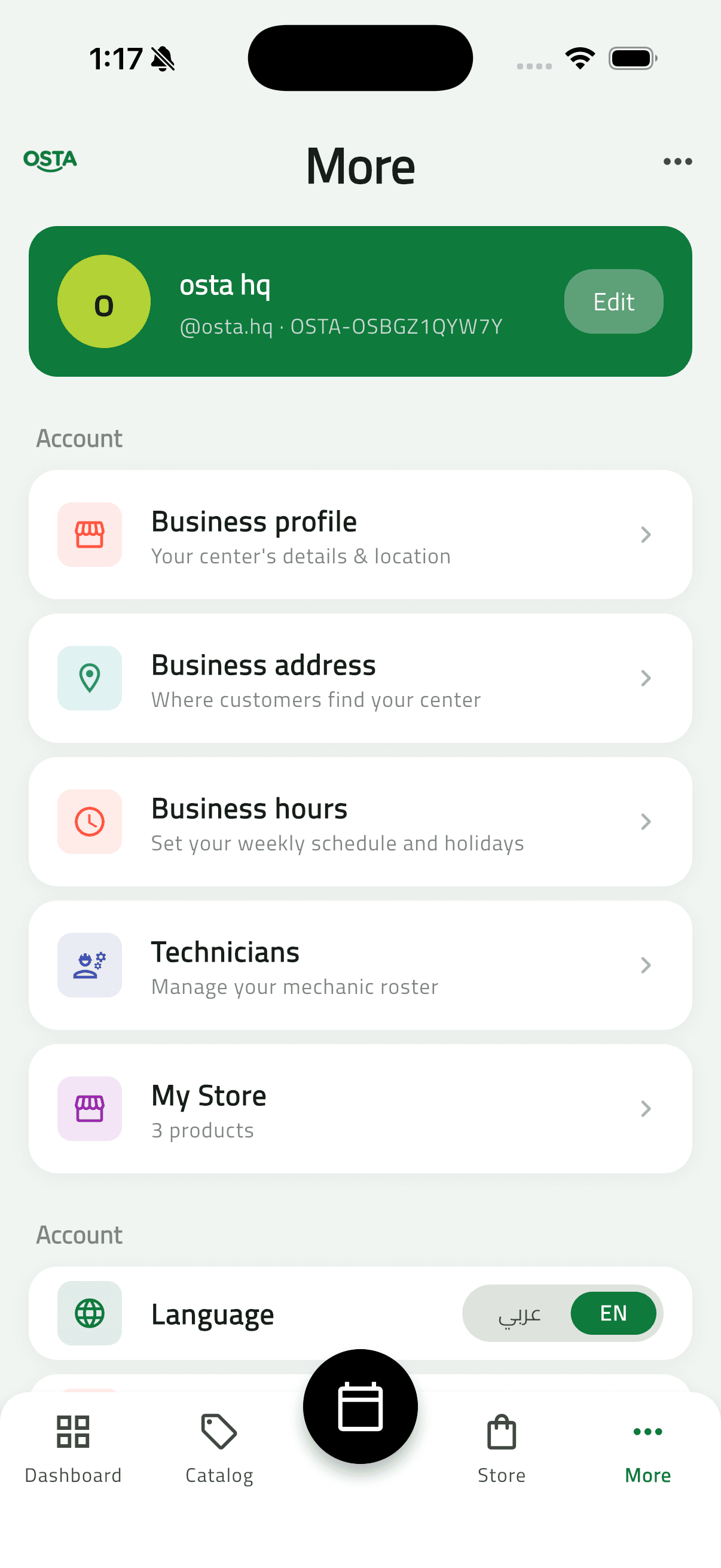 Osta (أُسطى) — Car Services Marketplace: Business Side — Dashboard, Catalog & Team (50 business more menu)