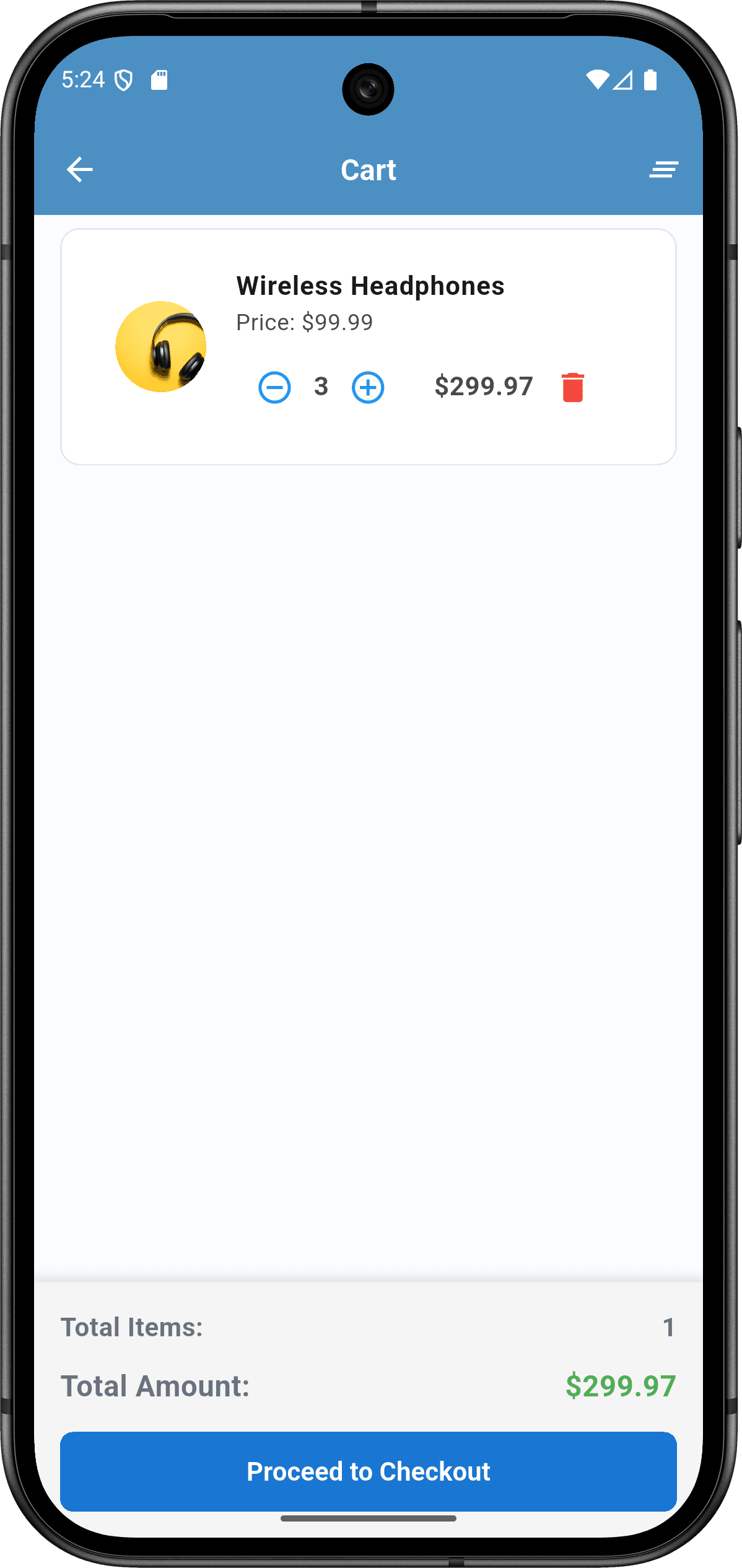 تطبيق Sprints Shop: واجهة التطبيق (cart screen)