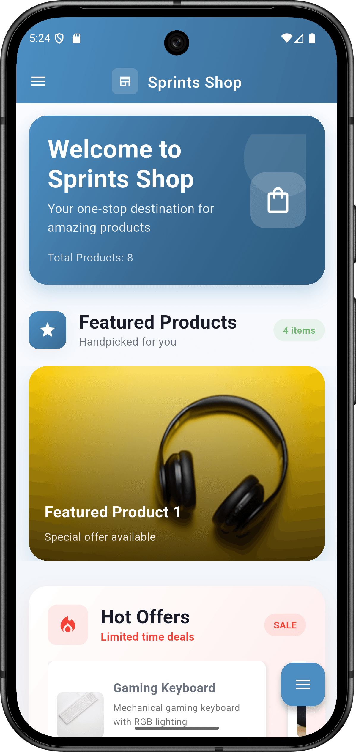 تطبيق Sprints Shop: واجهة التطبيق (home screen)
