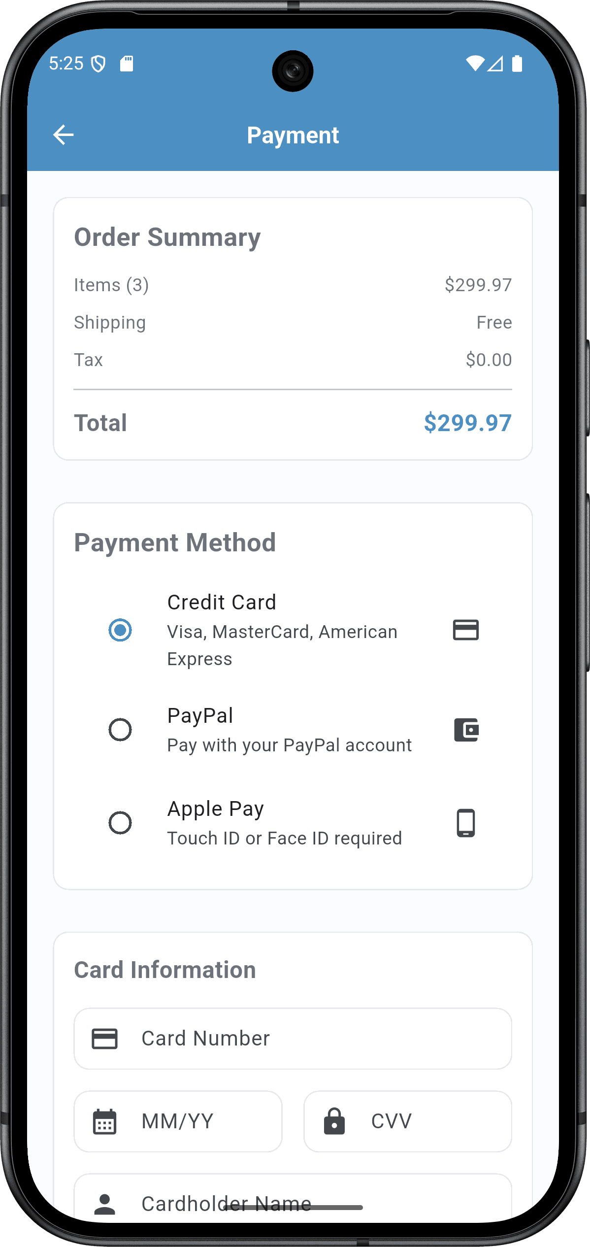 تطبيق Sprints Shop: واجهة التطبيق (payment screen)