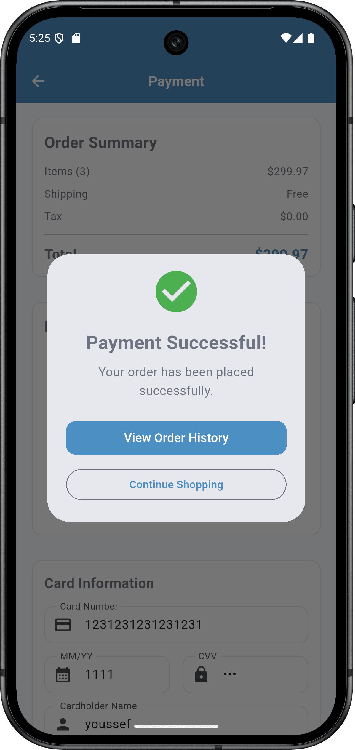 تطبيق Sprints Shop: واجهة التطبيق (payment screen 2)