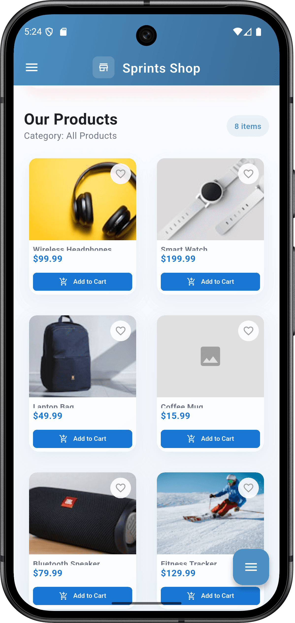 تطبيق Sprints Shop: واجهة التطبيق (products screen)