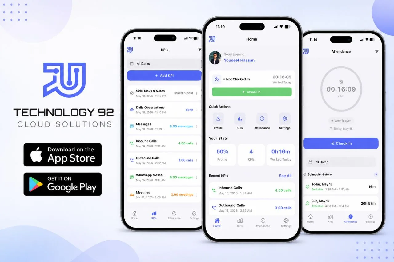 Tech 92 app on three phones: KPI list, home screen with check-in button, and attendance timer, next to App Store and Google Play badges