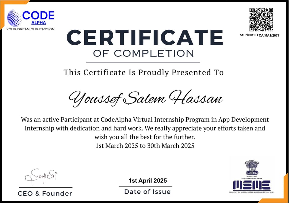 Mobile Application Developer Intern certificate preview thumbnail — issued by CodeAlpha