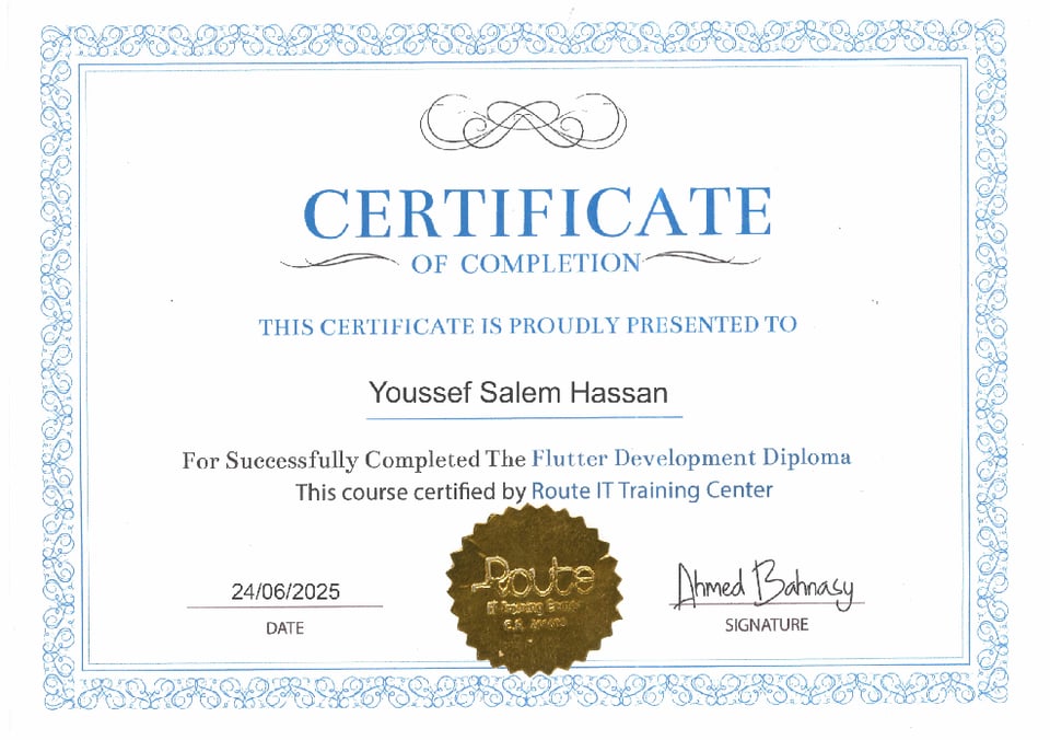 Flutter Development Diploma certificate preview thumbnail — issued by Route IT Training Center