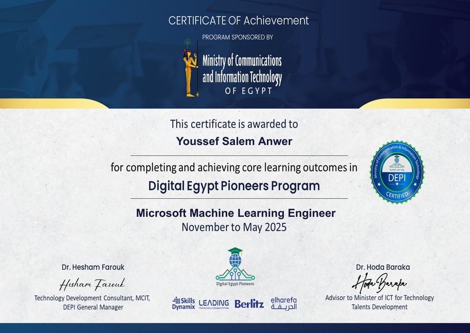 DEPI Microsoft ML Engineer certificate preview thumbnail — issued by Digital Egypt Pioneers Initiative (DEPI)